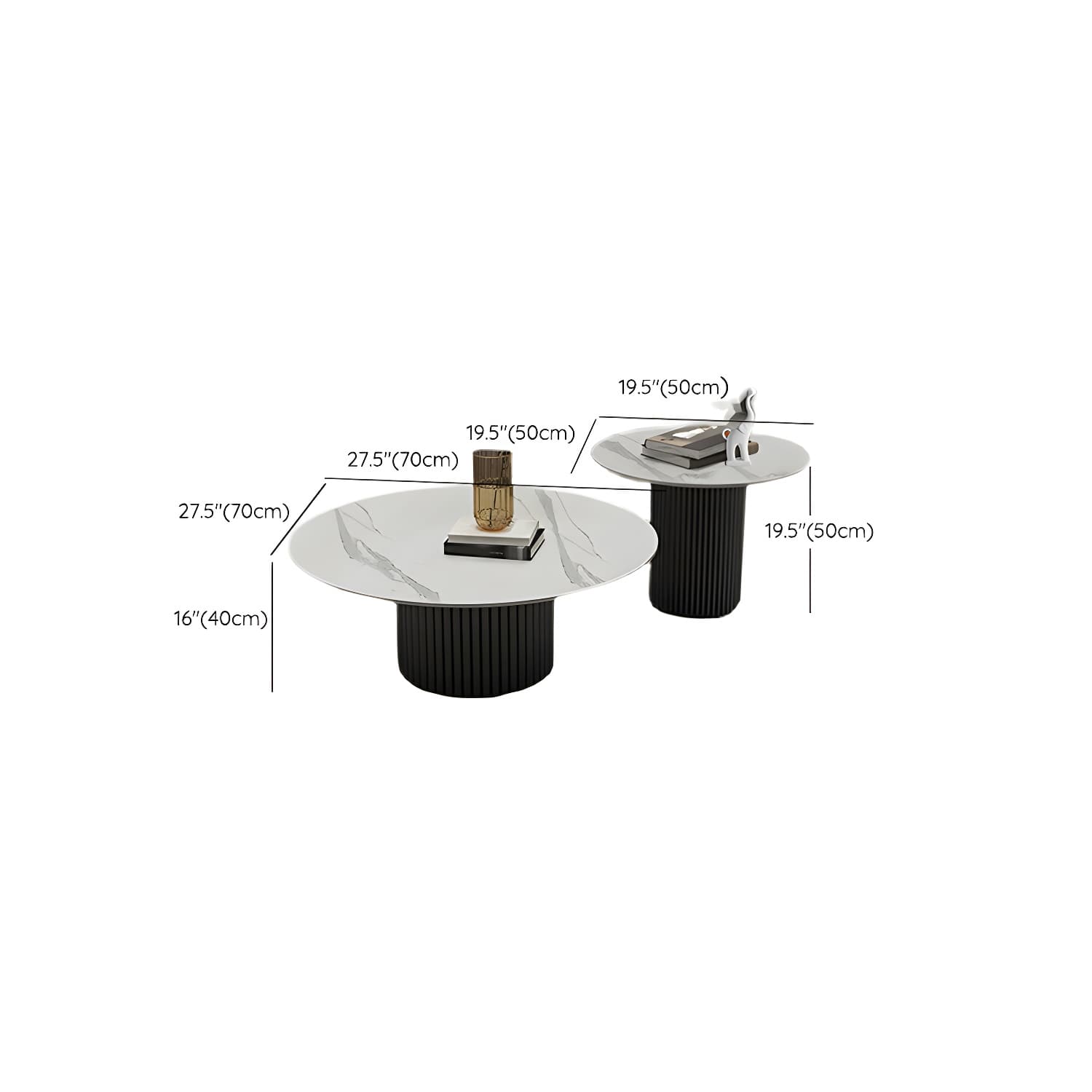 Set of Two Modern Round Black Coffee Tables with White Stone Tops and Iron Pedestal Bases thumbnail 19