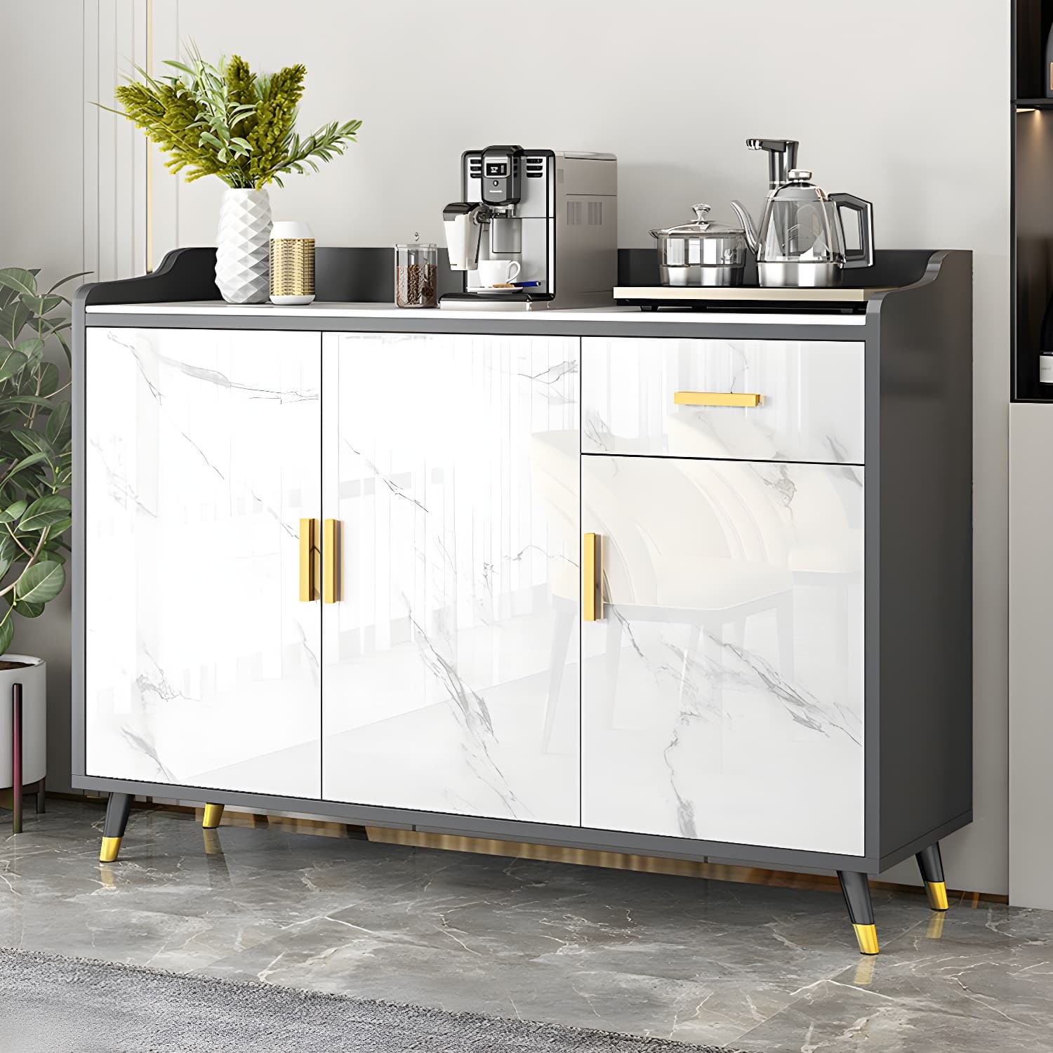 Modern Stone Top Shelves Included Sideboard with White & Grey Manufactured Wood Door - image 6