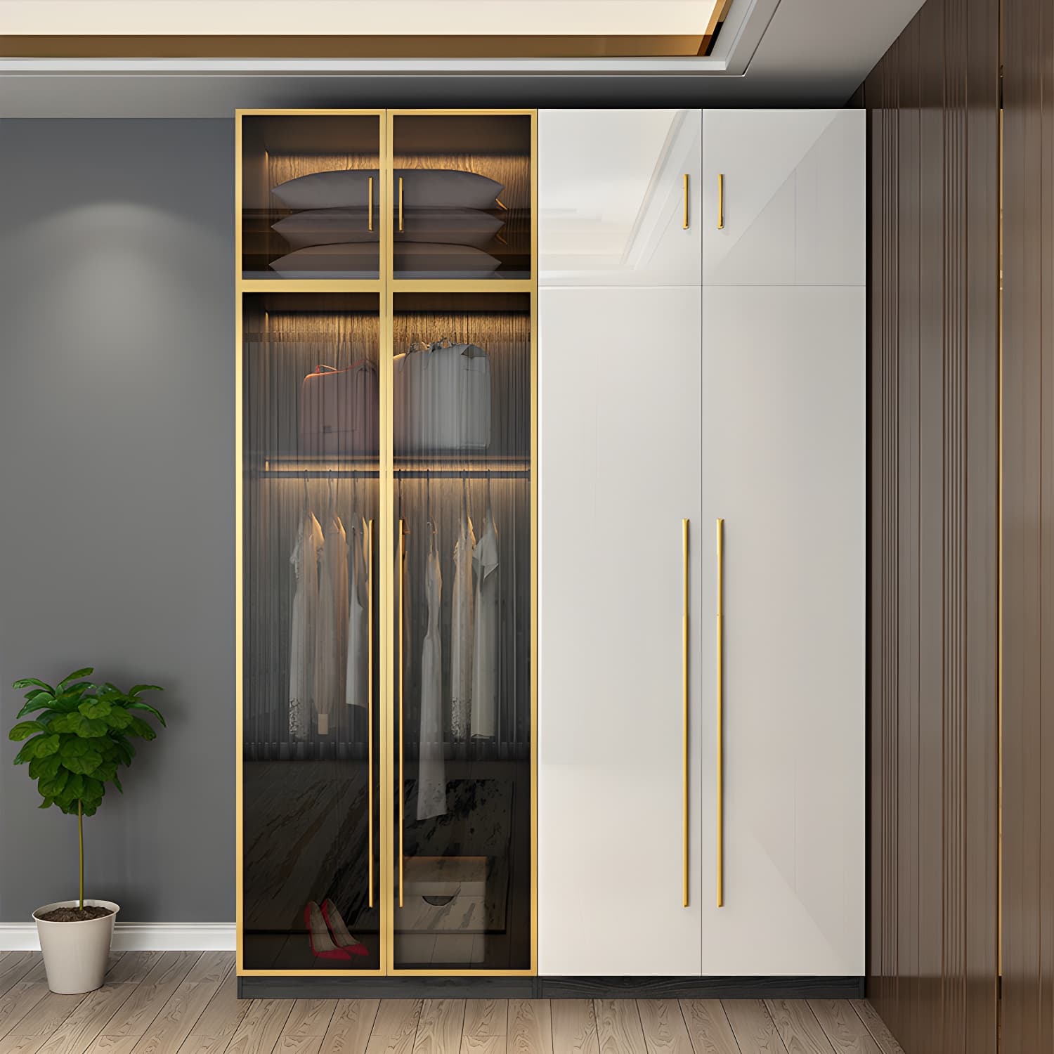 Modern Tempered Glass Doors Wardrobe Wood Frame Wardrobe without Light thumbnail 3