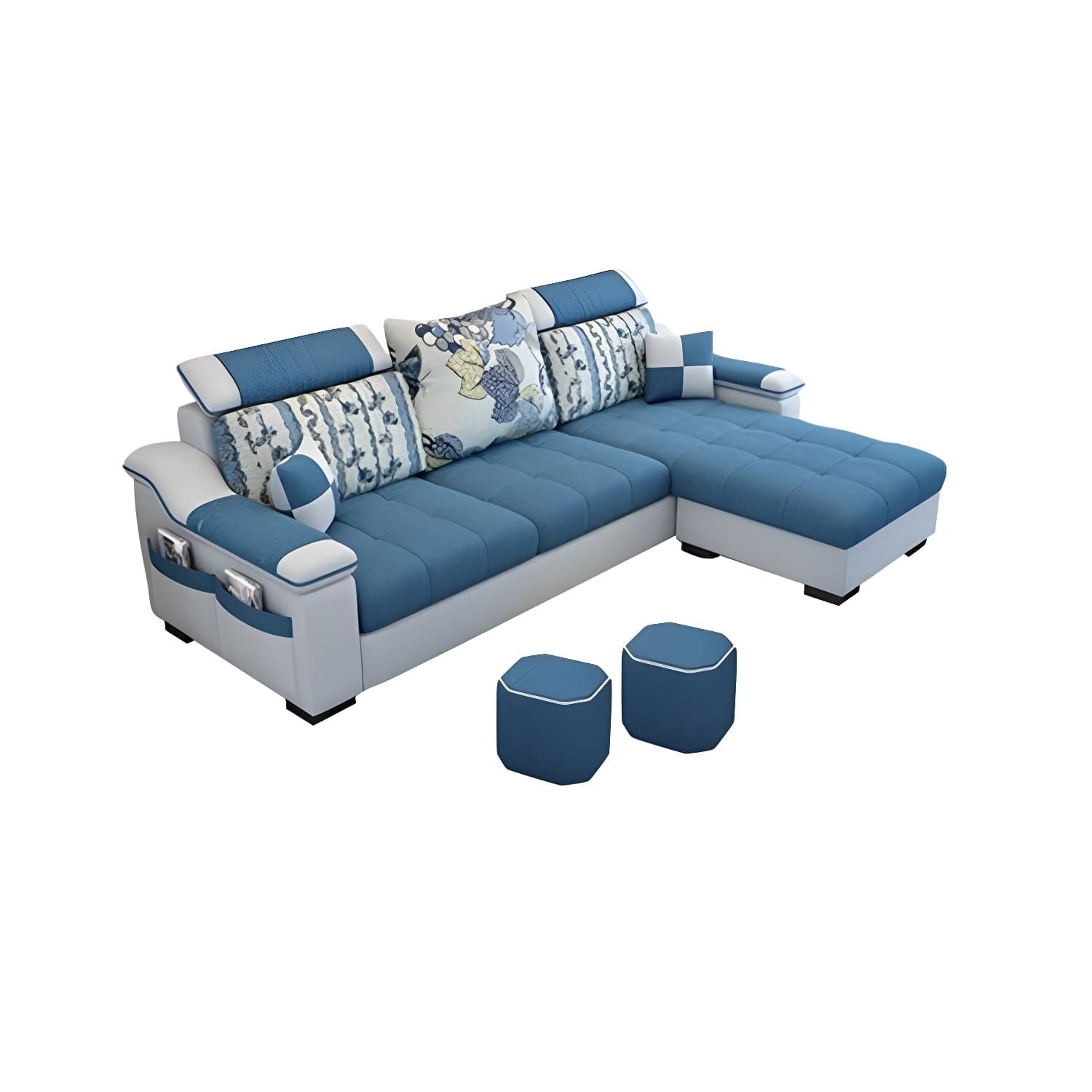 Modern Reversible Straight Sectional Sofa with Ottoman in Linen Upholstery, Sloped Arms thumbnail 2