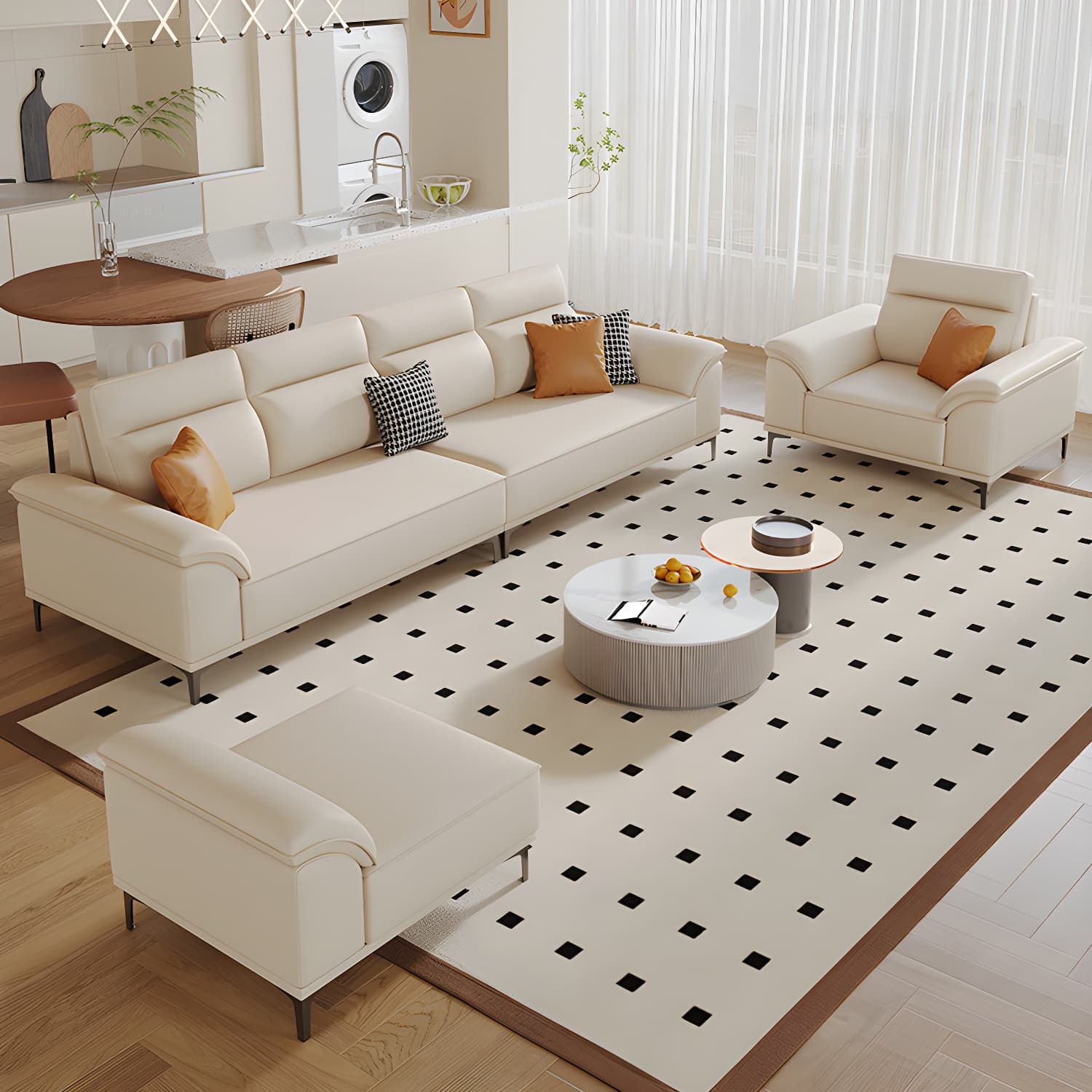 Modern Beige Faux Leather Sofa with Ottoman Included - Pillow Top Arm and Cushion Back thumbnail 1