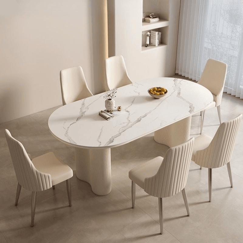 Modern Simple Style Oval Slate Dining Table Set with Dual Footing, Solid Back Panel in Chalk Color thumbnail 10
