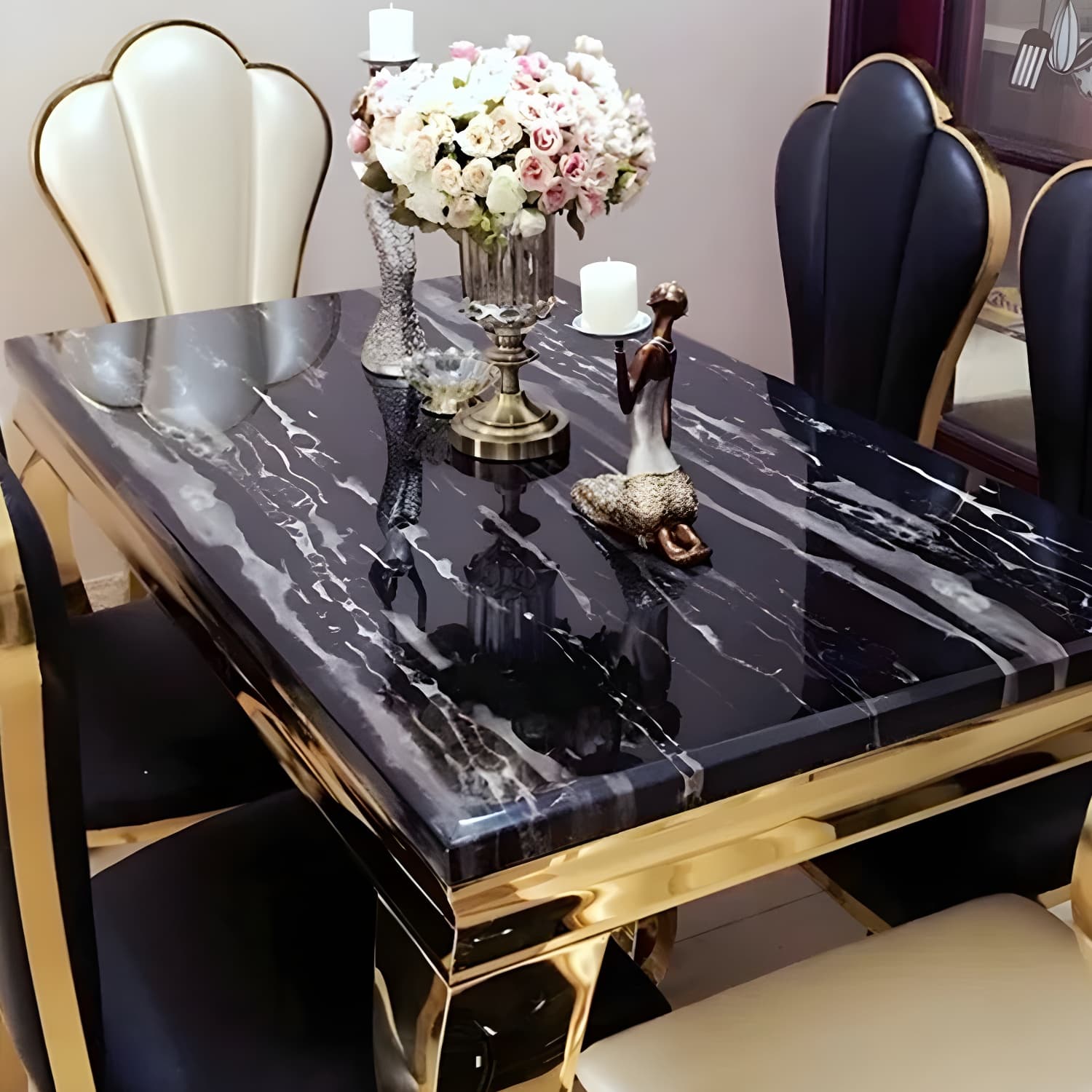 Luxury Gold Base Dining Table Faux Marble Home Kitchen Table thumbnail 3