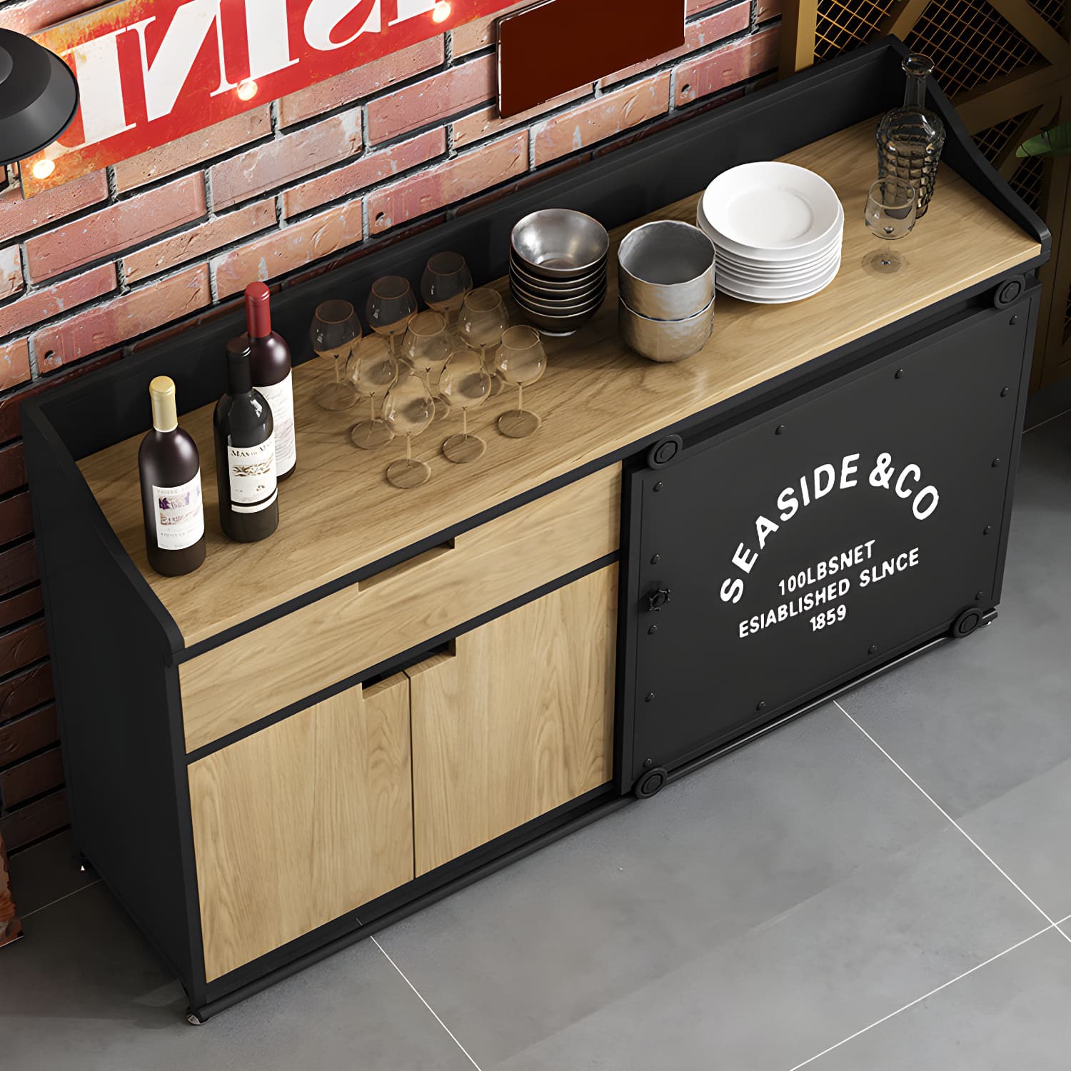 Modern Metal Sideboard with Wood Countertop, Cabinets, and Drawers - image 15