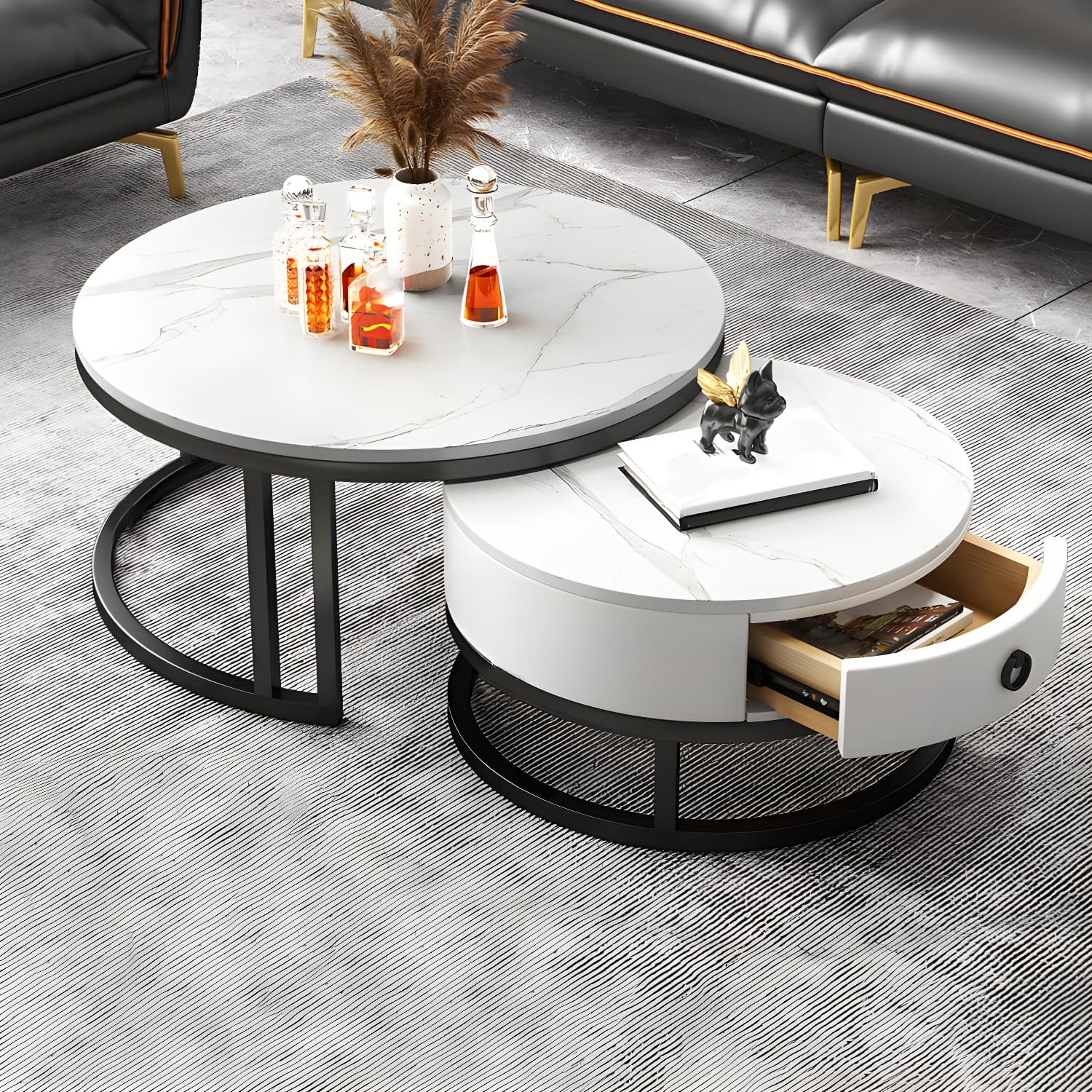 Modern Nesting Coffee Table Set Frame Round Coffee Table Set with Drawer thumbnail 5