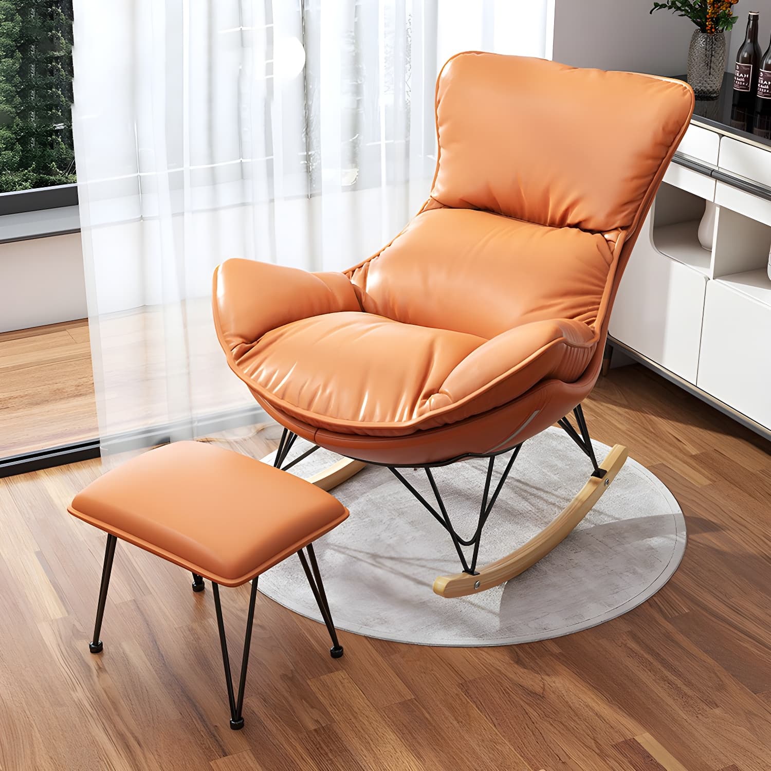 Wing Back Rocking Chair Solid Wood Rocker Chair with Ottoman thumbnail 8