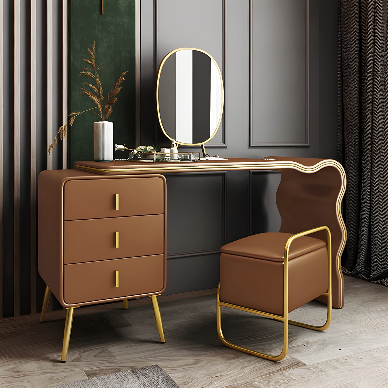 3 Drawers Make-up Vanity Set, 28.74" H Leather Vanity with Stool & Mirror thumbnail 12