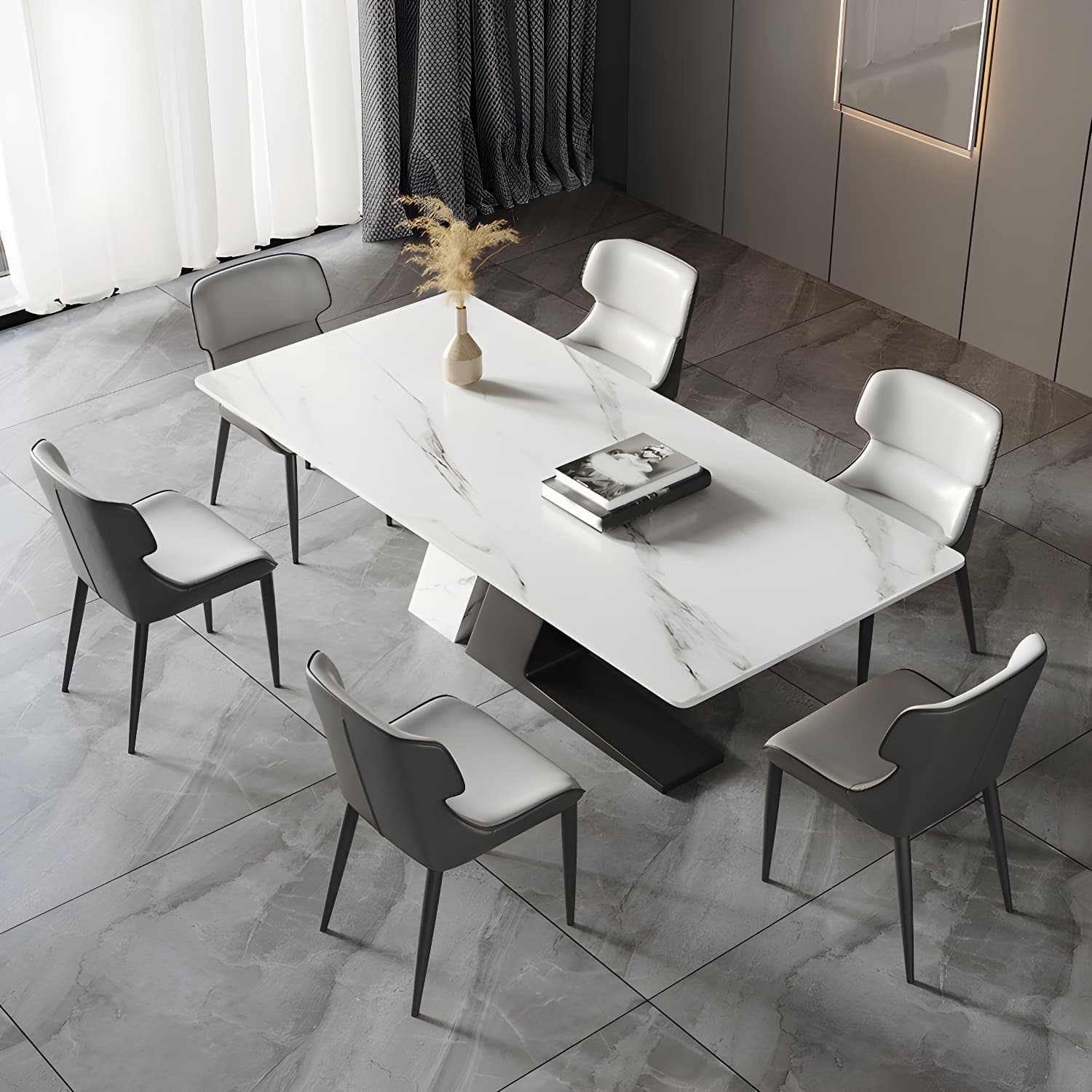 Modern Sintered Stone Top Dining Set Rectangle 1/2/5/7 Pieces Dinette Table Set in White thumbnail 3
