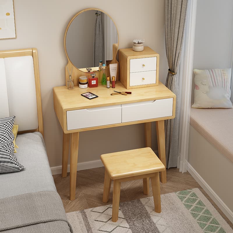 Contemporary Medium Wood Rubberwood Push-Pull Standing Makeup Vanity, No Suspended, Non-Upholstered Chair(s) thumbnail 7