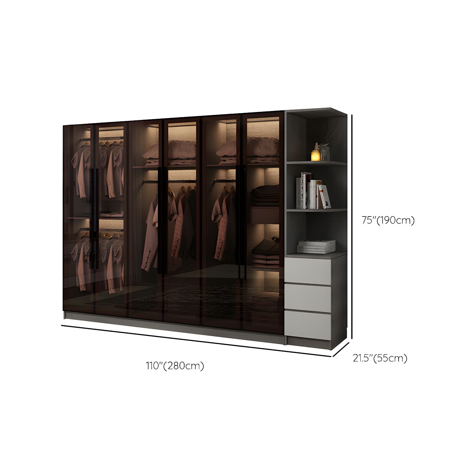 Modern Glass Hinged Doors Wardrobe Armoire Wood Frame Wardrobe with Shelves without Light thumbnail 22