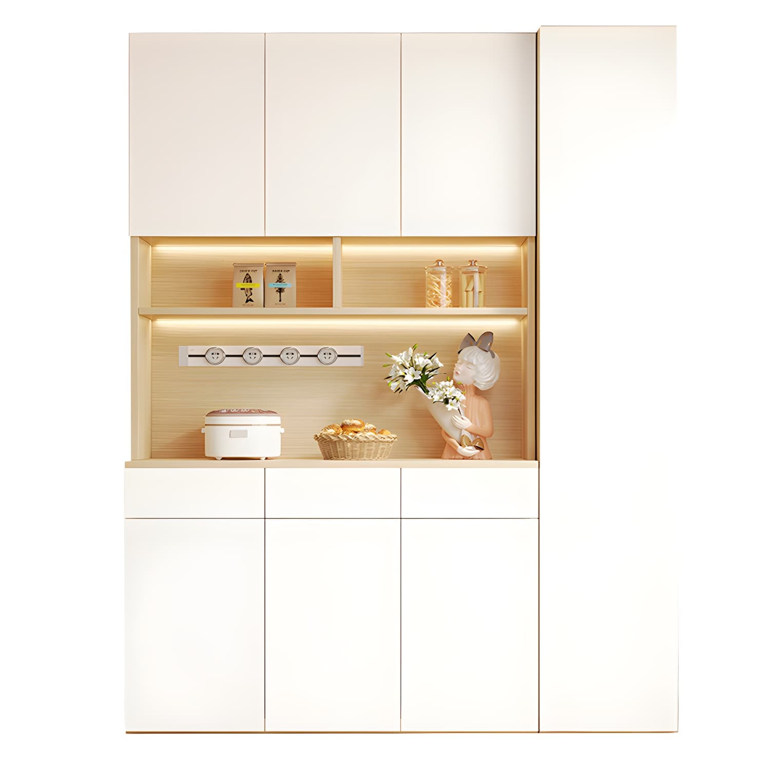 Scandinavian White Wood Buffet Sideboard Cabinet with Cabinets and Shelves thumbnail 12