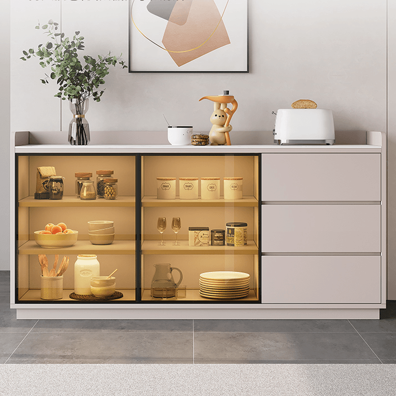 Simple Sideboard with 3 Drawers, Hutch Cabinets, Standard/Narrow/Wide Sizes, 1 Shelf, Sintered Stone Countertop, and 2/3/Single Doors thumbnail 5