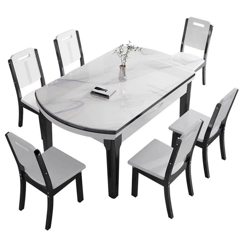 Stone Top Extendable Dining Set with Wood Legs Chairs for Home thumbnail 1