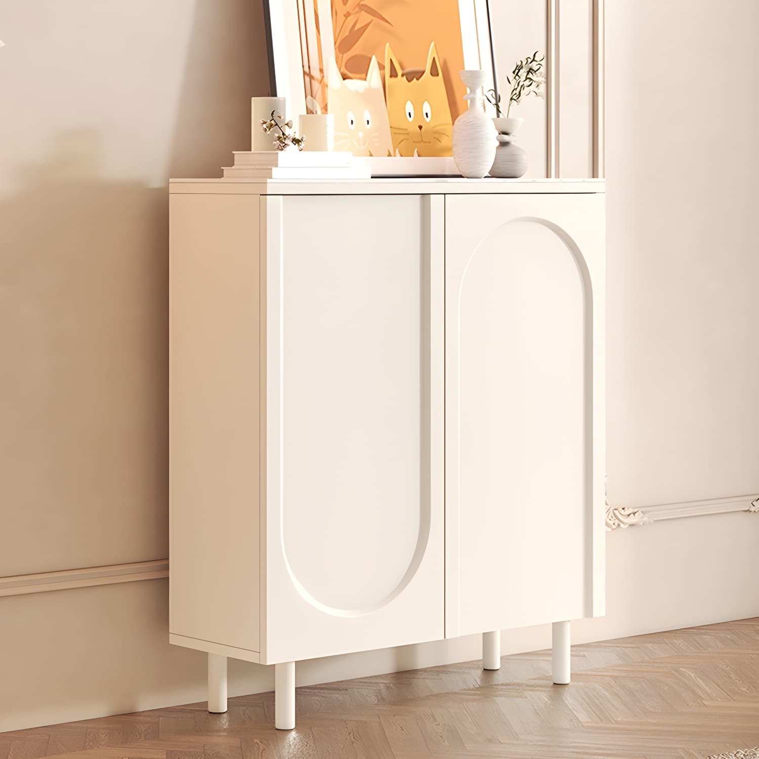 Scandinavian Wood Buffet Sideboard Cabinet with Stone Countertop Shelves Included thumbnail 3