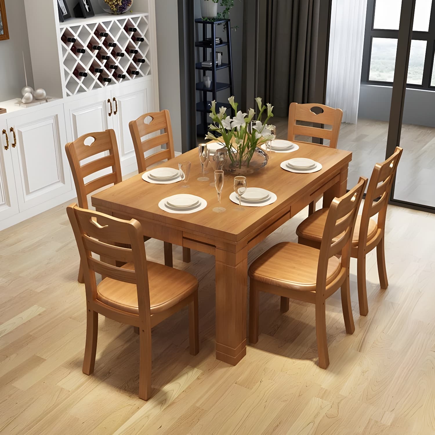 7-Piece Modern Wood Dining Set with Solid Wood Features and Seating for 6 thumbnail 2