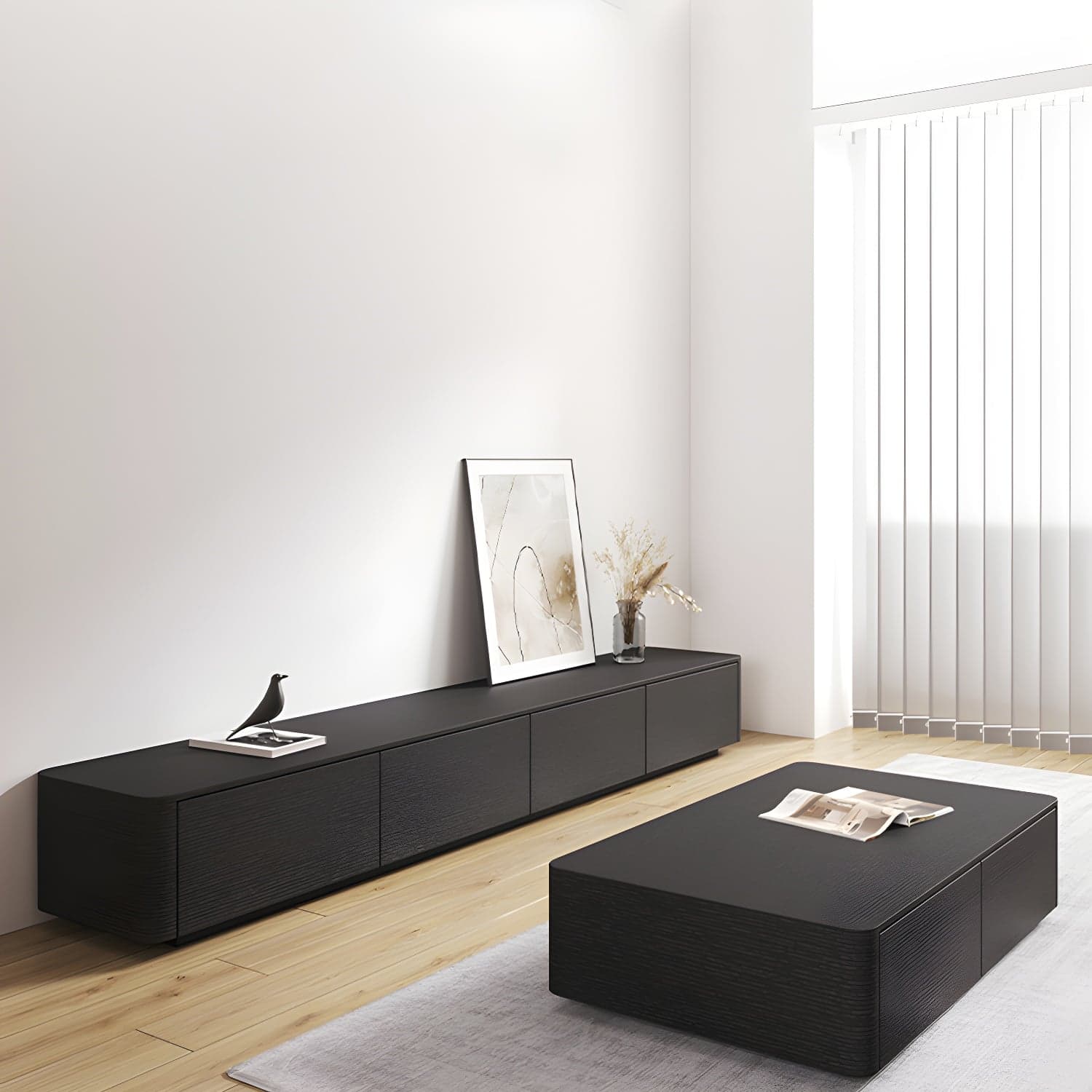 Modern Black TV Console Engineered Wood Cable Management Media Console thumbnail 2