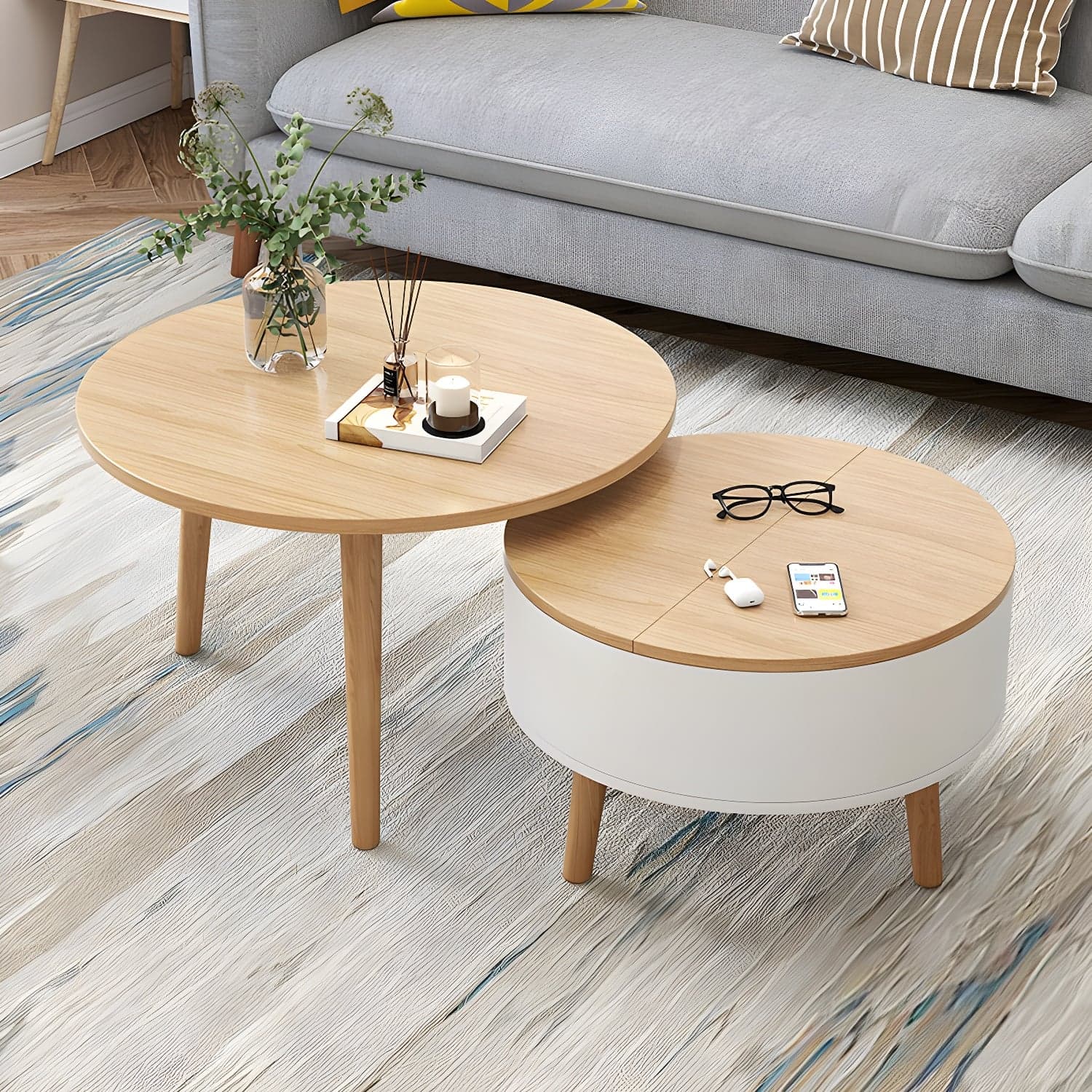 Round Solid Wood 3 Legs Coffee Table with Storage Drawers Modern Cocktail Table thumbnail 7