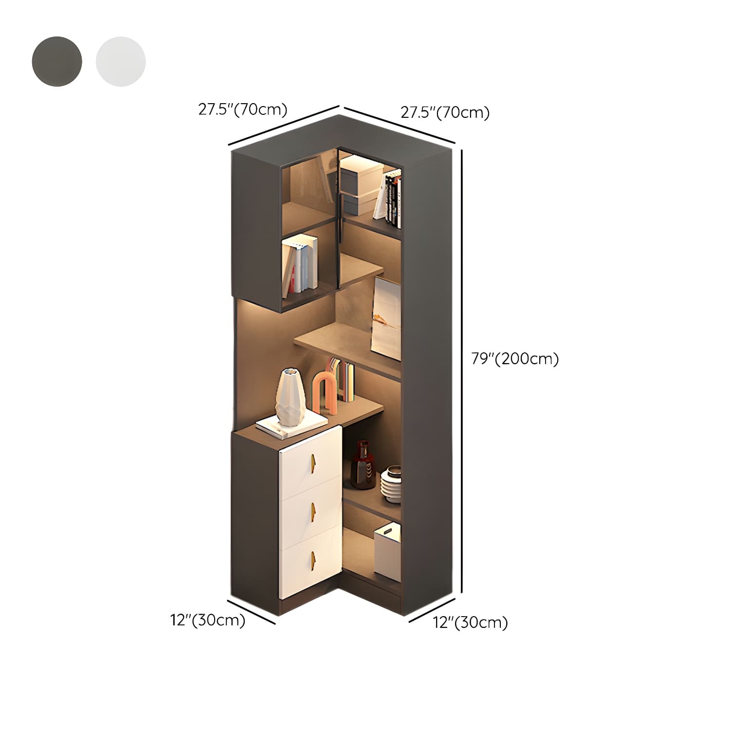 Corner Modern Accent Cabinet with Wood Counter Top, Glass Doors, Drawers, and Adjustable Shelves thumbnail 13