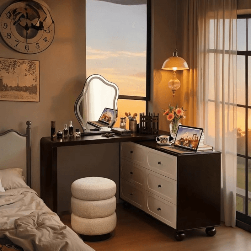 Modish Large/Standard Vanity Set with Natural Wood Table Top, White Seating, 3 Drawers, Light Up Mirror, and Chair thumbnail 1