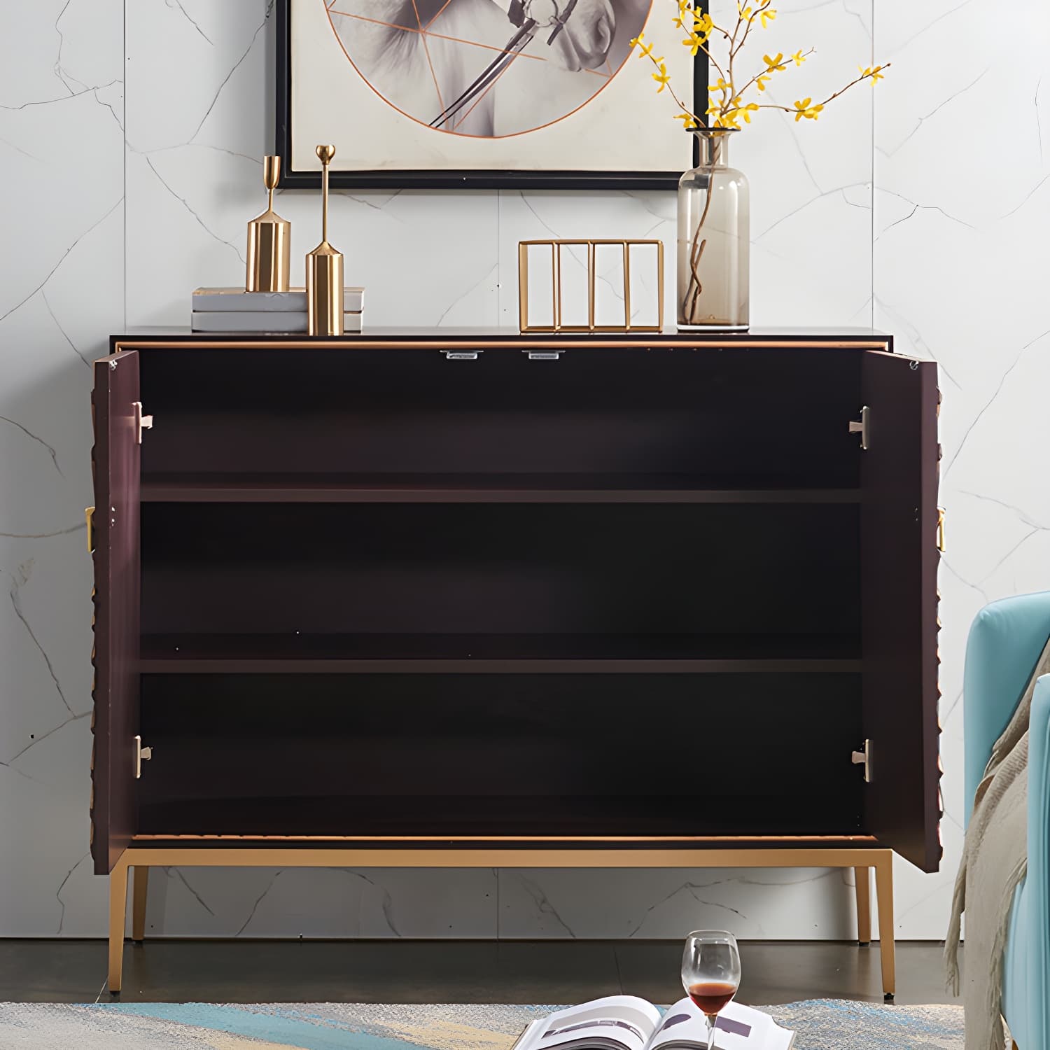 Gold Legs 35.4" High Sideboard Cabinet Glam Style Wood Buffet Table thumbnail 10