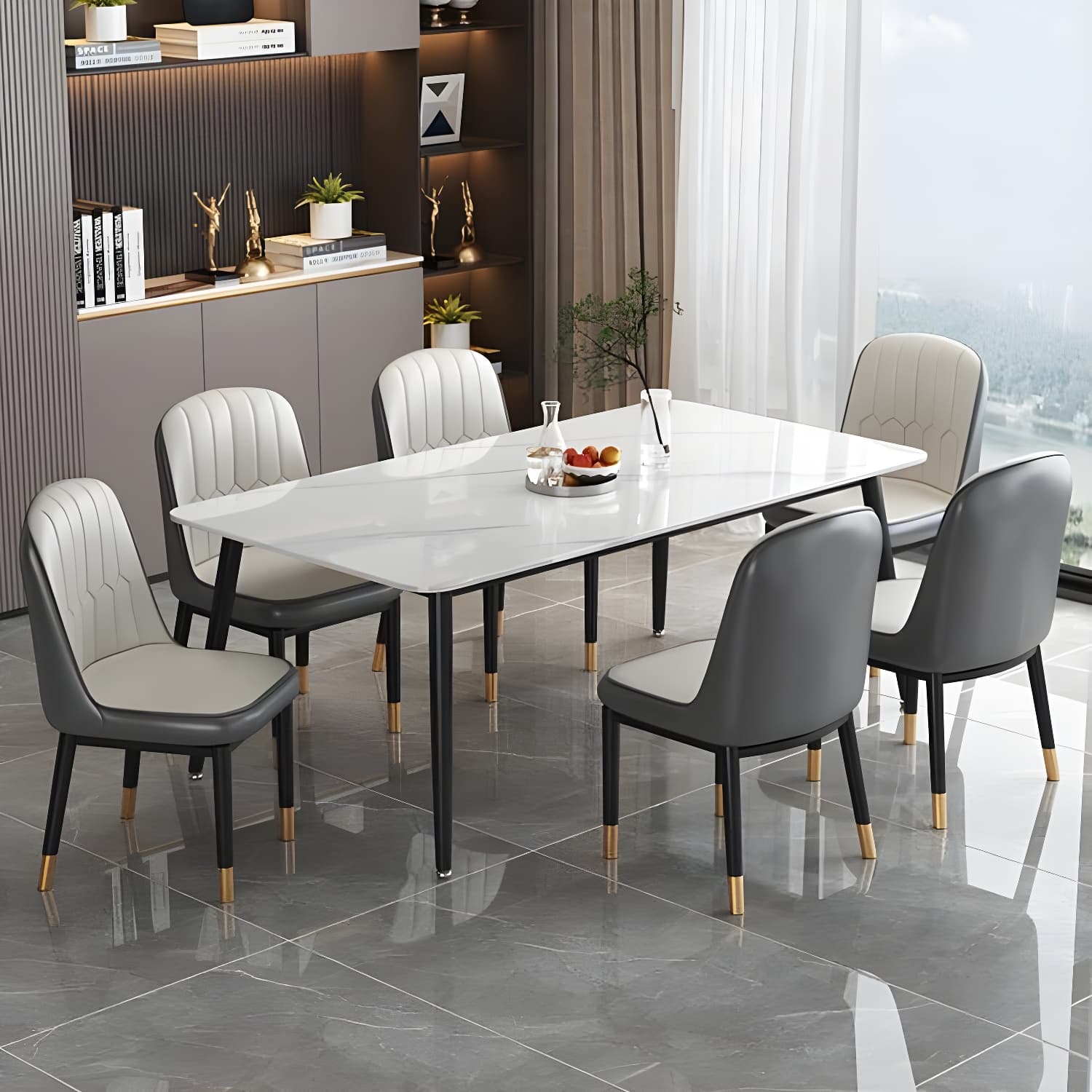Rectangular White Stone Top Dining Set with Upholstered Chairs thumbnail 1