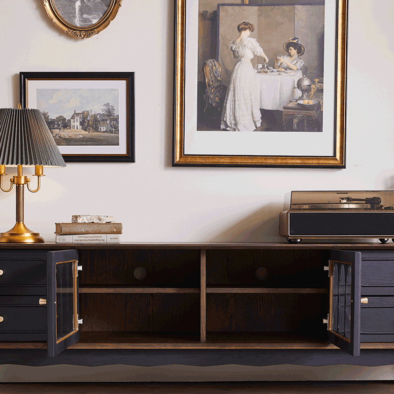 Pecan Art Deco Natural Wood TV Stand with 4 Drawers, Locker, Cable Management, and Adjustable Shelving thumbnail 5