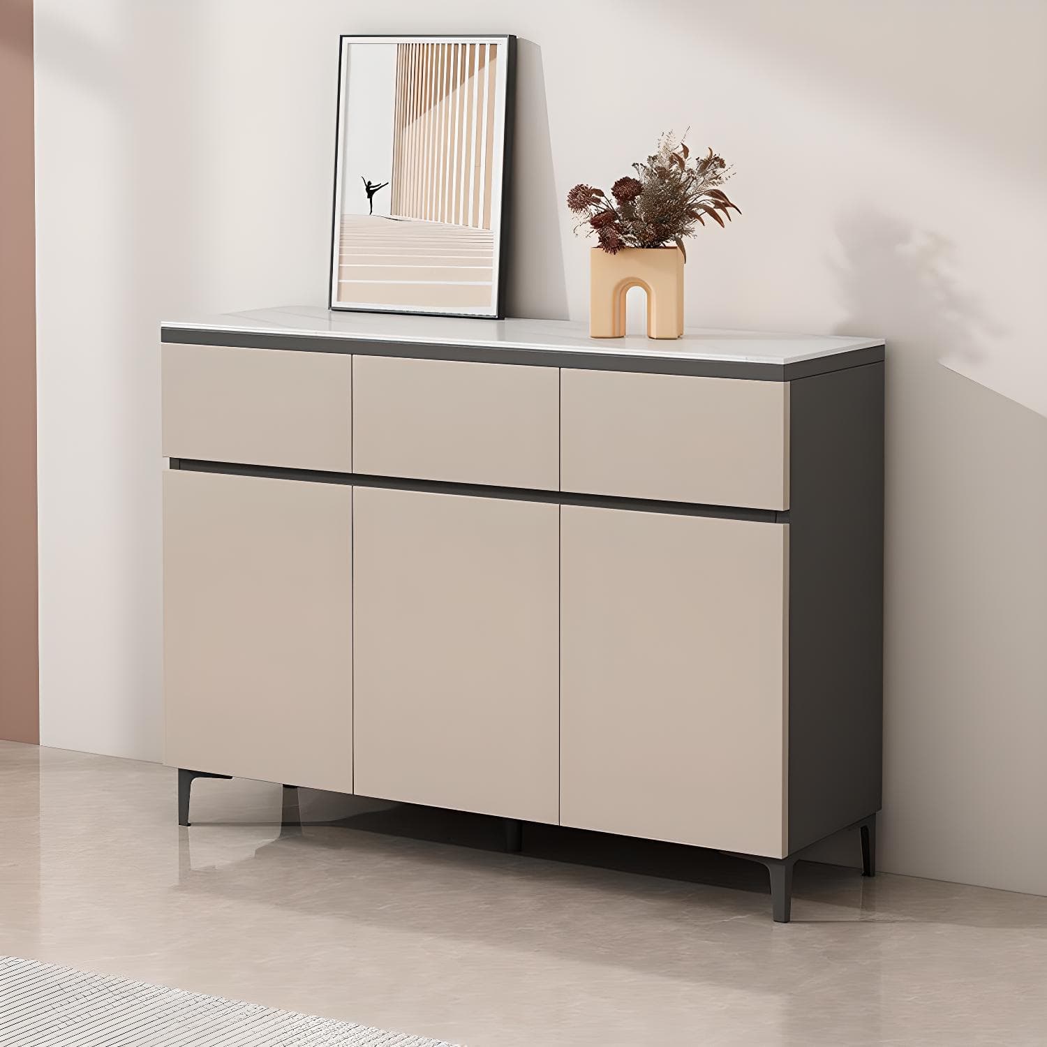 Wooden Modern Stone Countertop Buffet Sideboard with Drawers for Living Room