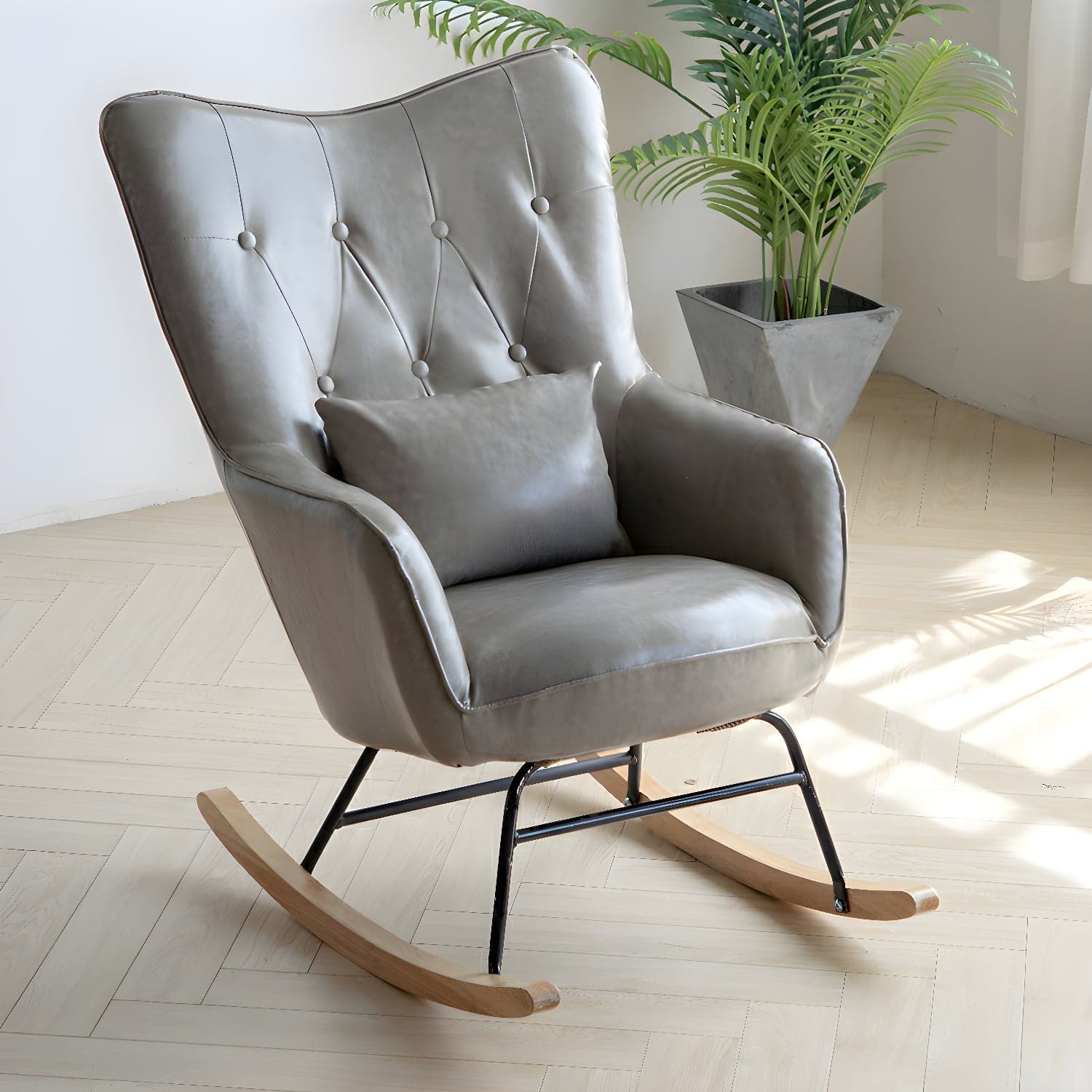 Stylish Modern Upholstered Rocking Chair with Natural Wood Legs and Tufted Back Cushion thumbnail 4