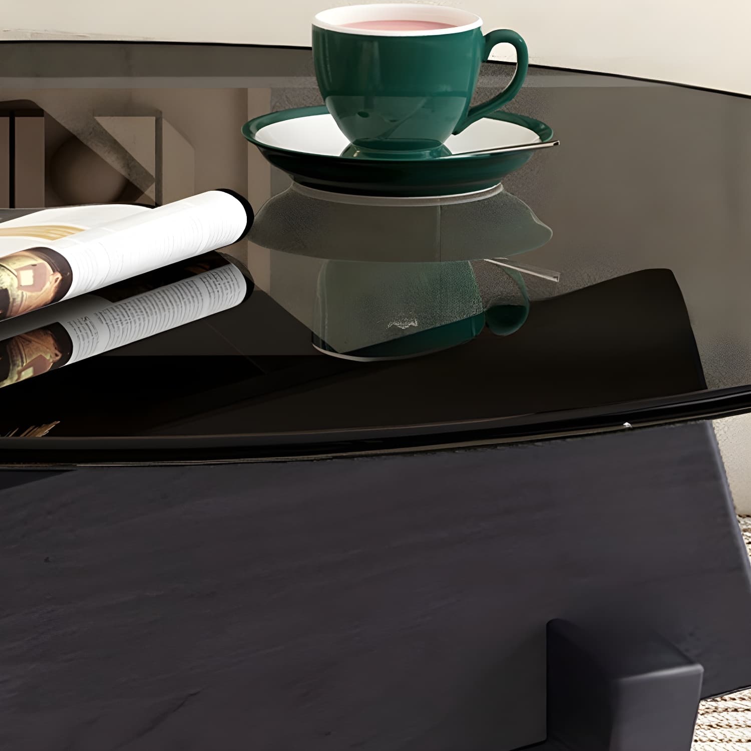 Stylish Round Glass Coffee Table with Tempered Top and Abstract Wood Base thumbnail 10