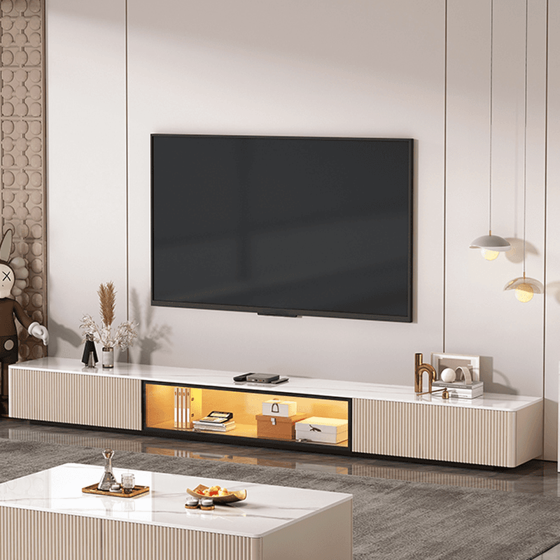 Art Deco Sintered Stone Rectangular TV Stand with 2 Drawers, Hutch, Cable Management, and Light thumbnail 5