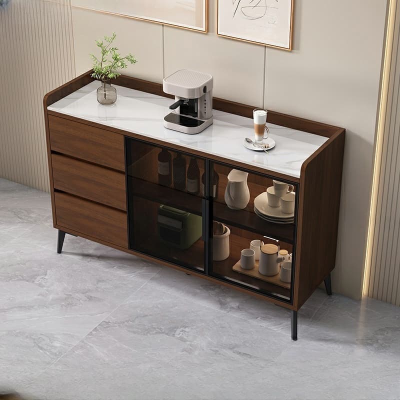 Stone Top Modern Wood Sideboard Credenza with 3 Drawers and Glass Doors thumbnail 6