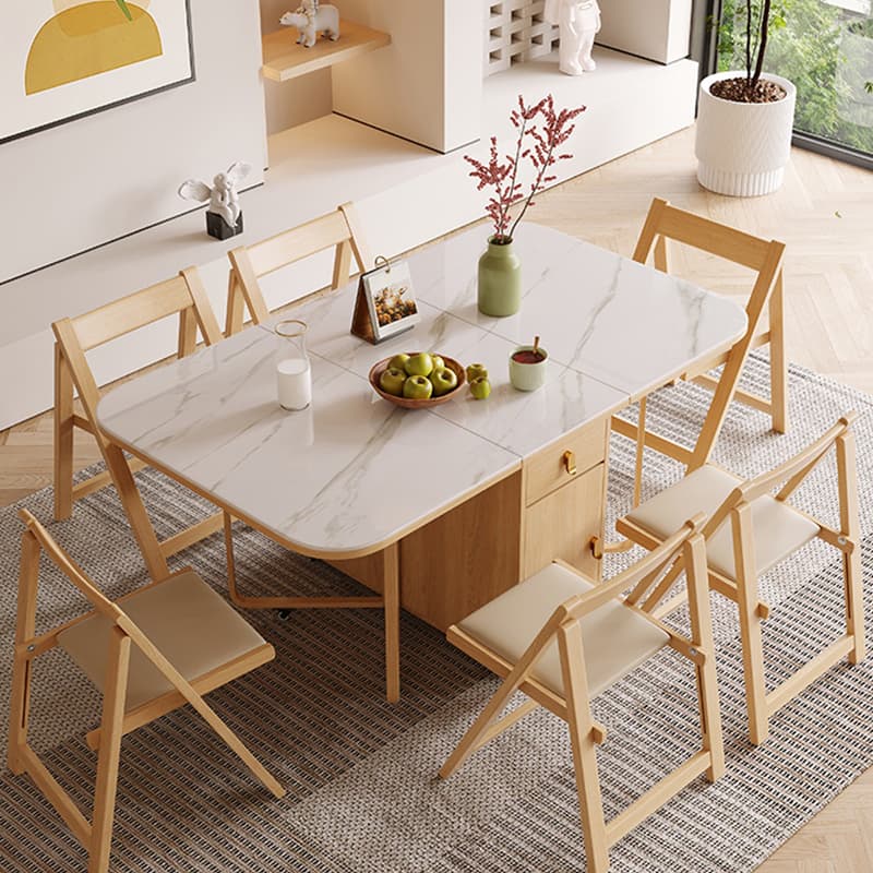 Scandinavian Folding Dining Set in Light Wood with Upholstered Chairs and Extendable Table thumbnail 1