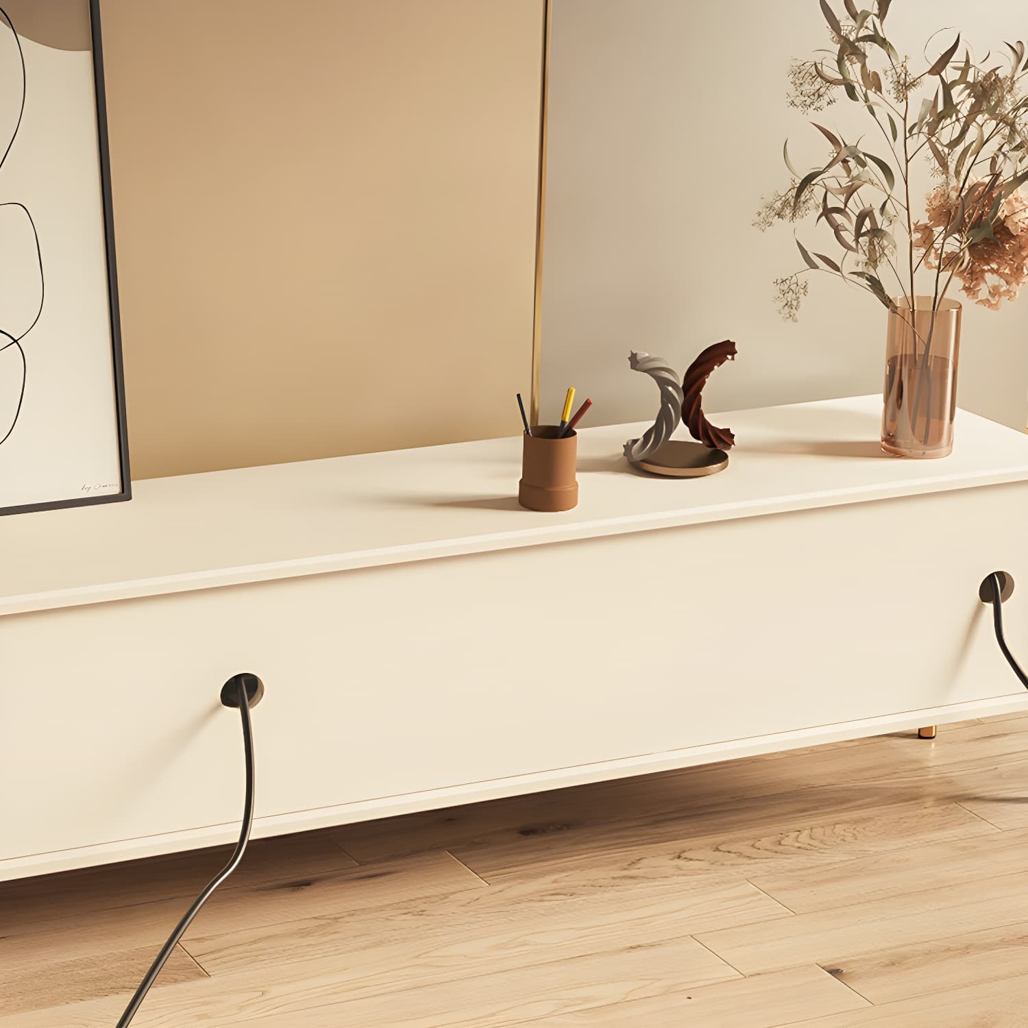 White Cable Management TV Console Modern Engineered Wood Media Console thumbnail 7