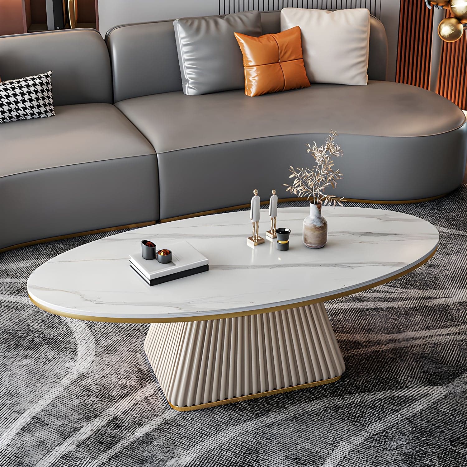 Elliptical Stone Coffee Table Pedestal 1 Single Cocktail Table - 17.72" H thumbnail 3