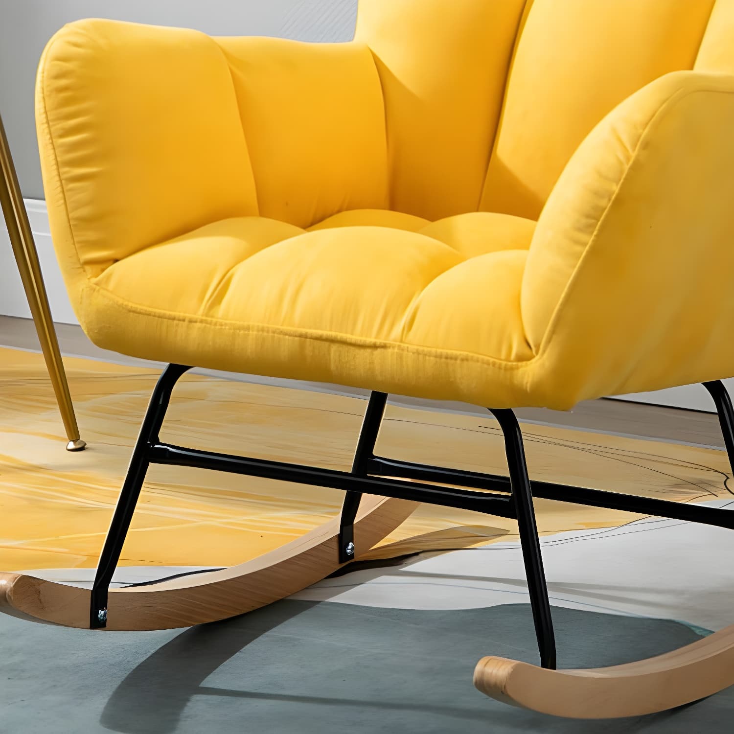 Stylish Modern Upholstered Rocking Chair with Natural Wood Legs and Tufted Back Cushion thumbnail 15