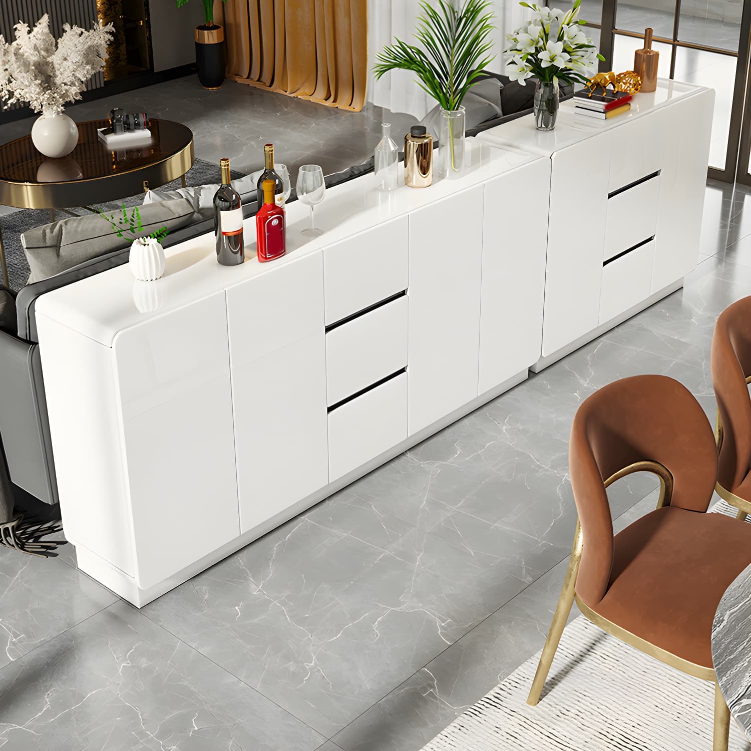 White Modern Sideboard Credenza with Adjustable Shelving and 3 Drawers thumbnail 10
