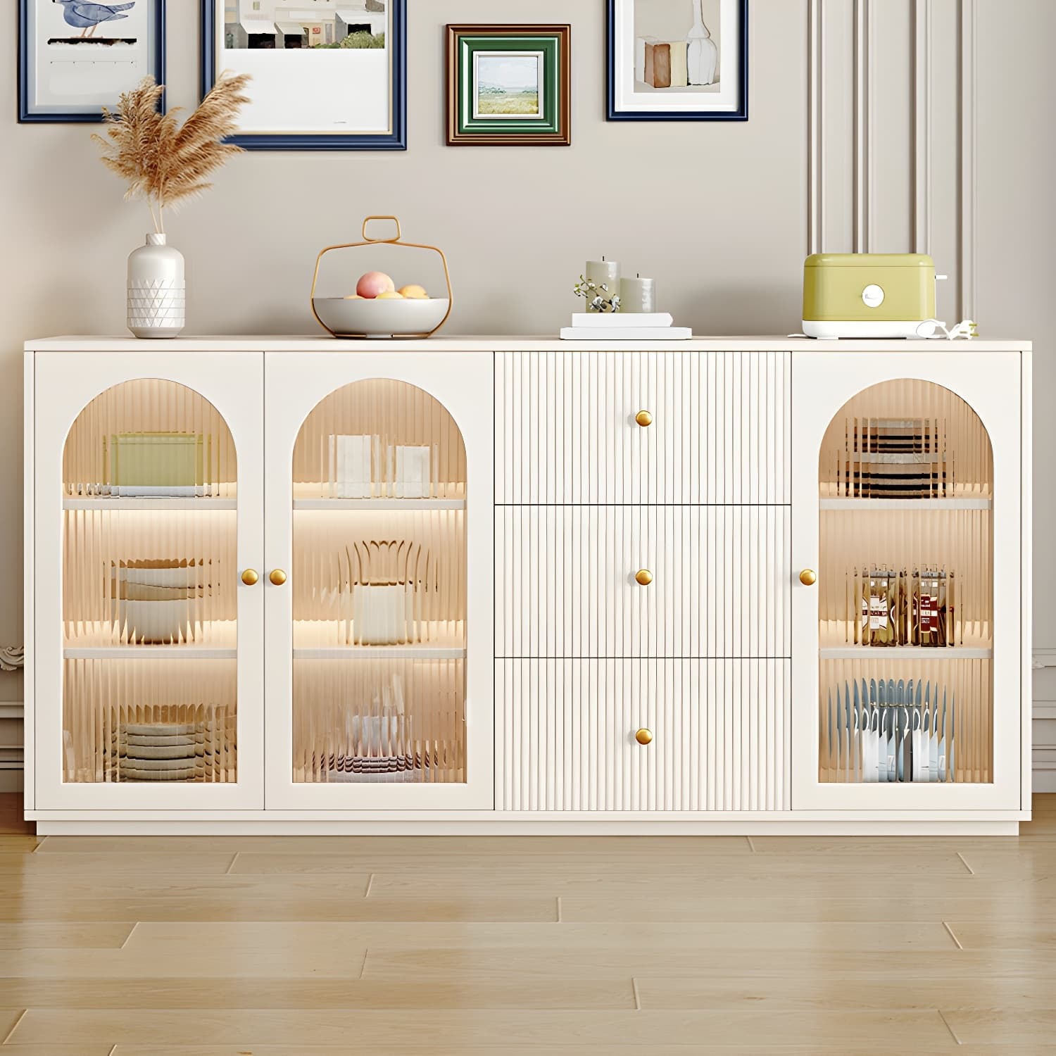 Glam White Wood Sideboard Credenza with Glass Doors and Adjustable Shelves thumbnail 1
