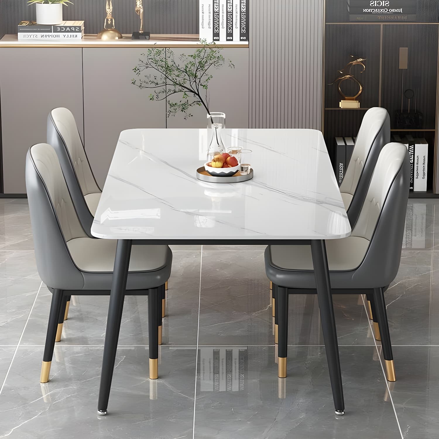 Rectangular White Stone Top Dining Set with Upholstered Chairs thumbnail 2