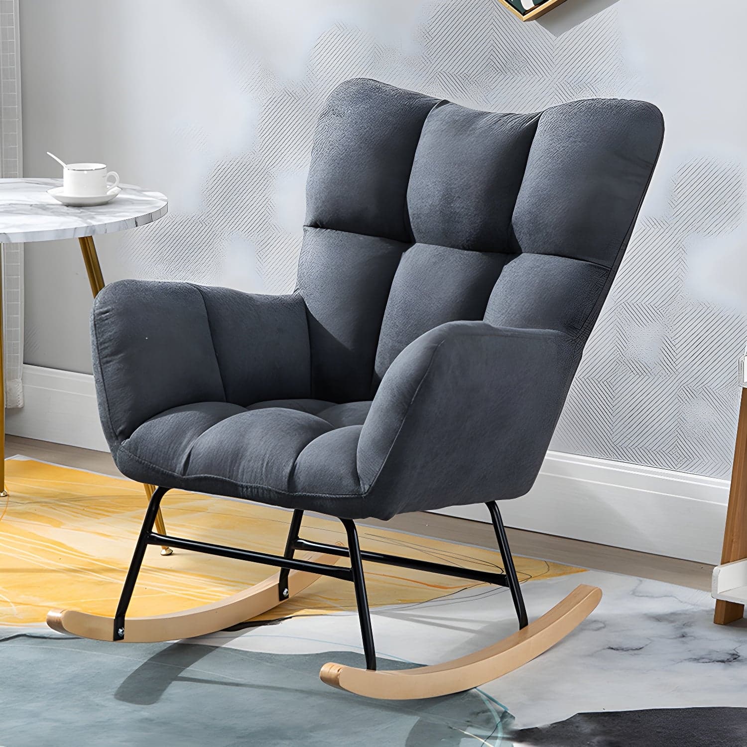 Modern Rocker Chair Upholstered Dark Legs Glider Button-Tufted thumbnail 4
