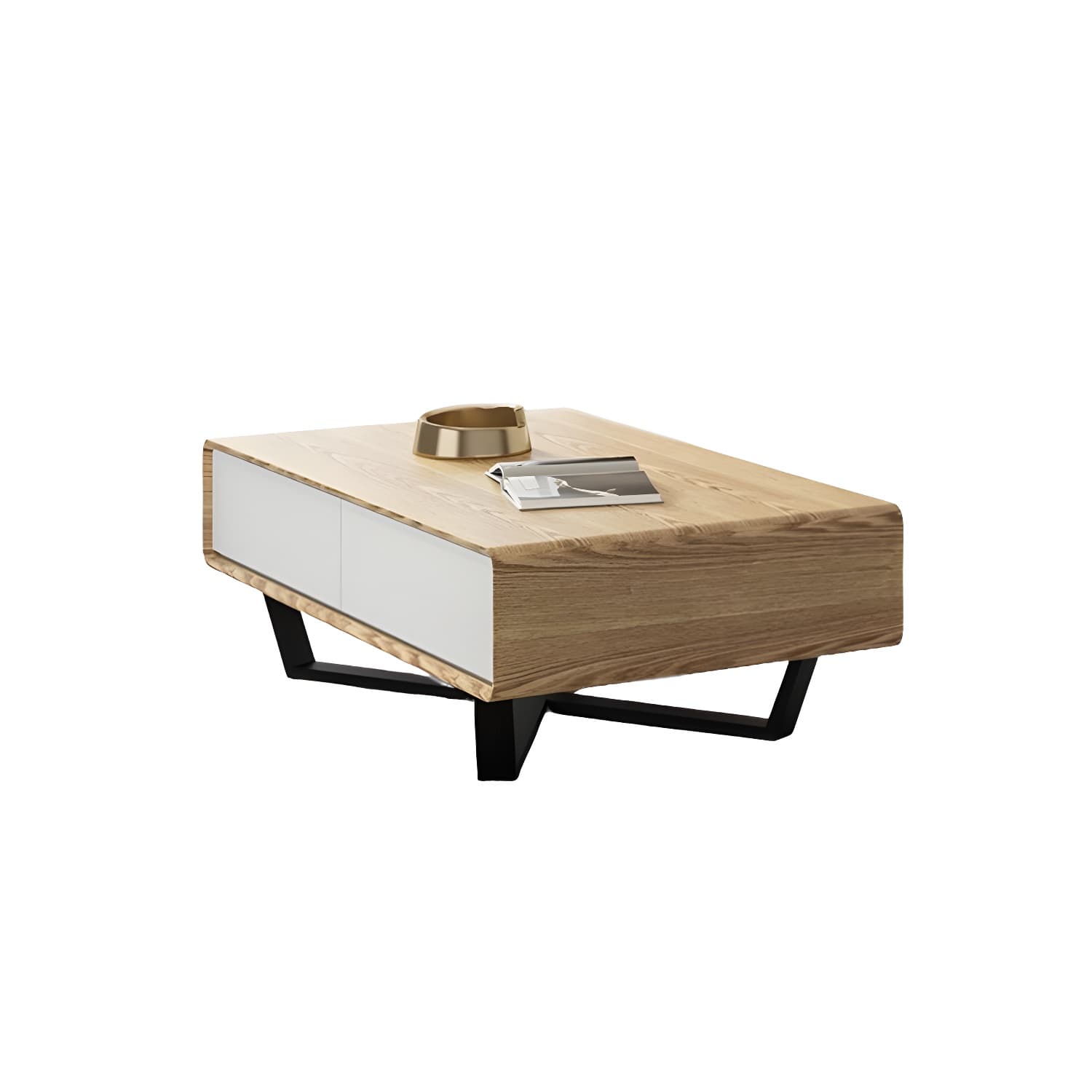 Rectangular Wood Modern Coffee Table with Black Metal Cross Legs and Storage Drawers thumbnail 12