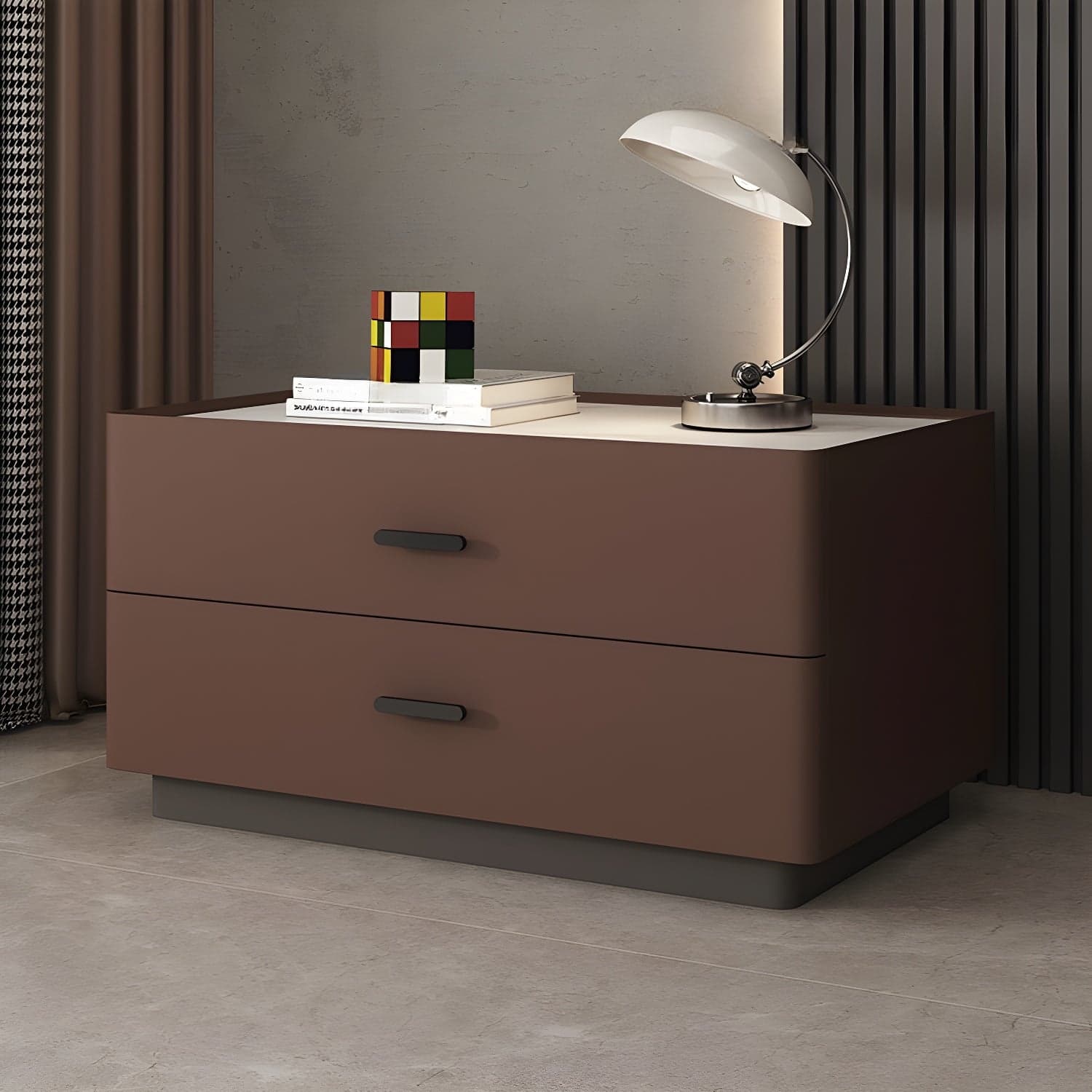 Elegant Two-Drawer Faux Leather Nightstand with Stone Countertop in Low Height for Modern Homes thumbnail 2