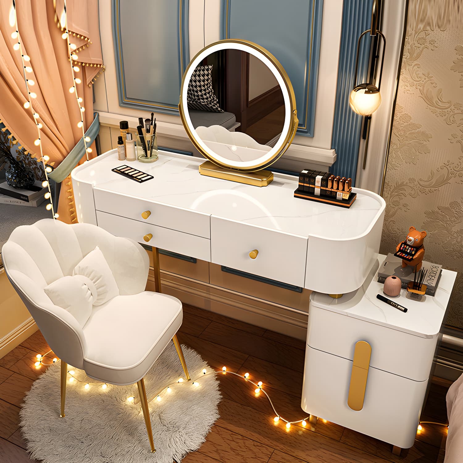 Modern Solid Wood Makeup Vanity Desk Bedroom Vanity Dressing Table Set thumbnail 6