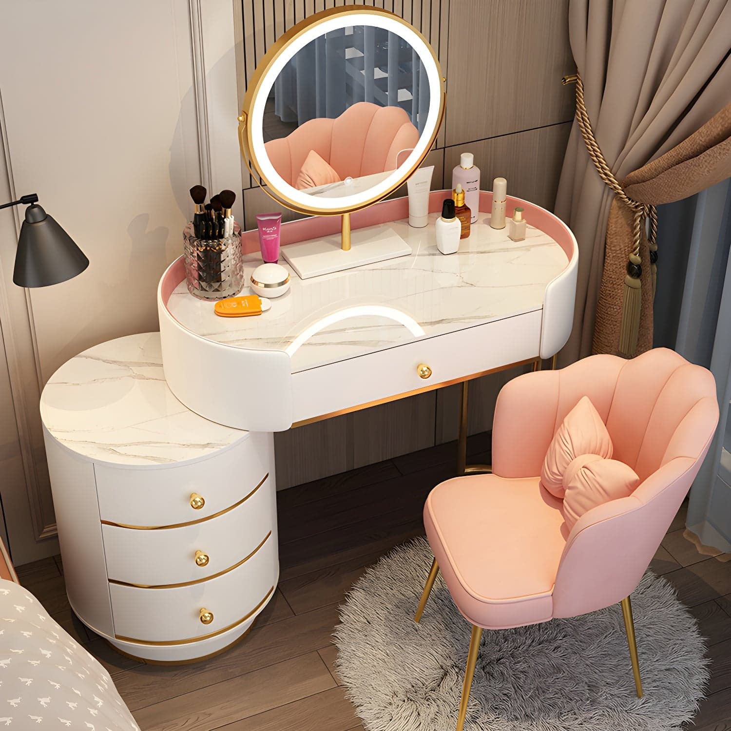 Wooden Makeup Vanity Desk Bedroom Dressing Table Stool Set with Drawer thumbnail 6