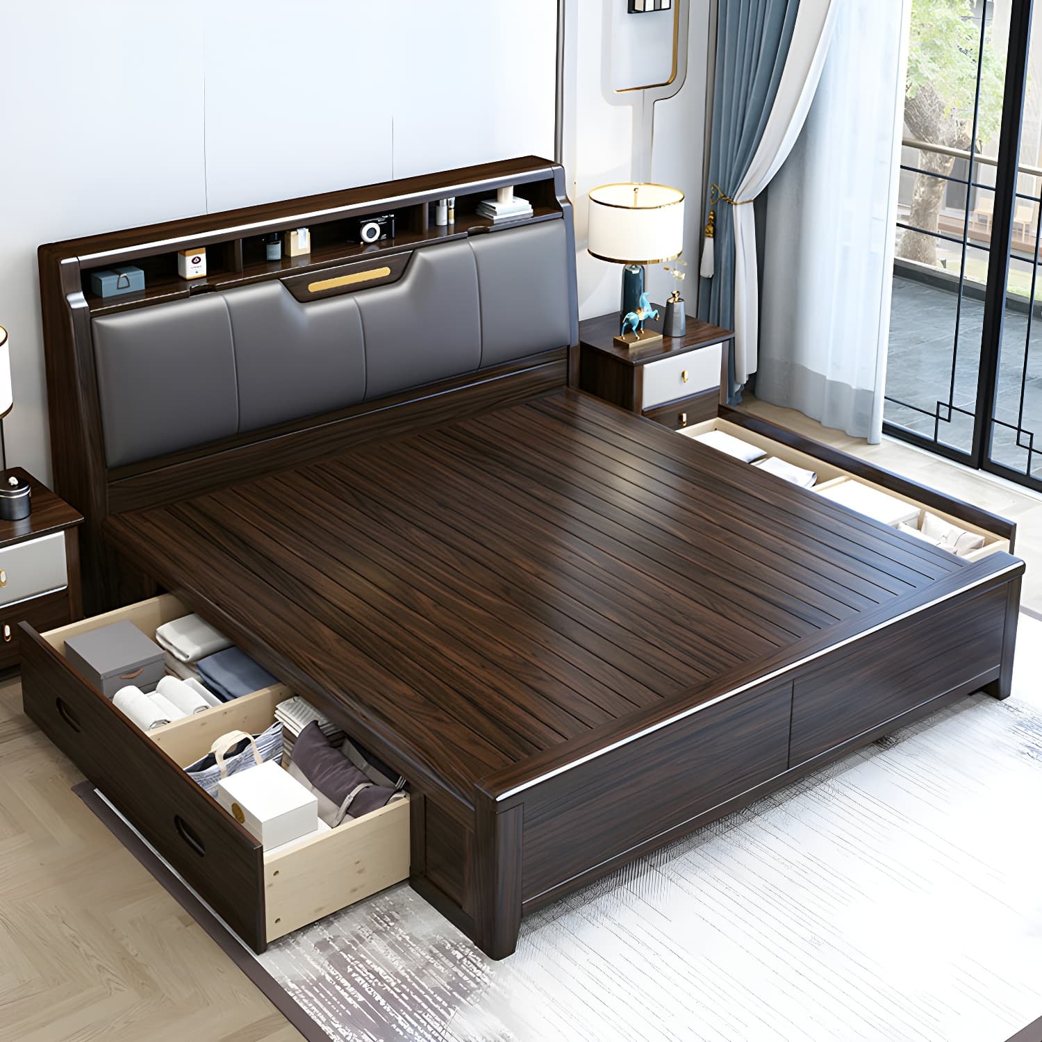 Brown Upholstery Wood Bed with Headboard – Modern Style, Full Assembly Needed thumbnail 9