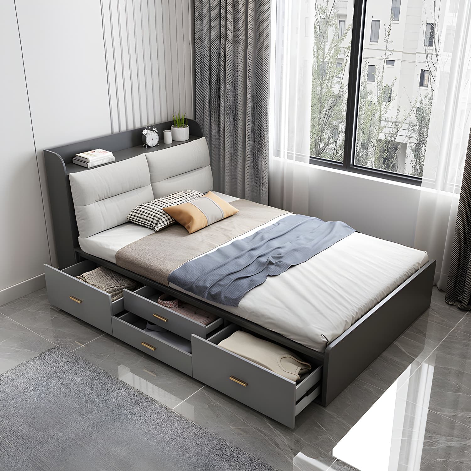 Scandinavian Low Profile Bed with Headboard Upholstered Bed with Drawers thumbnail 11