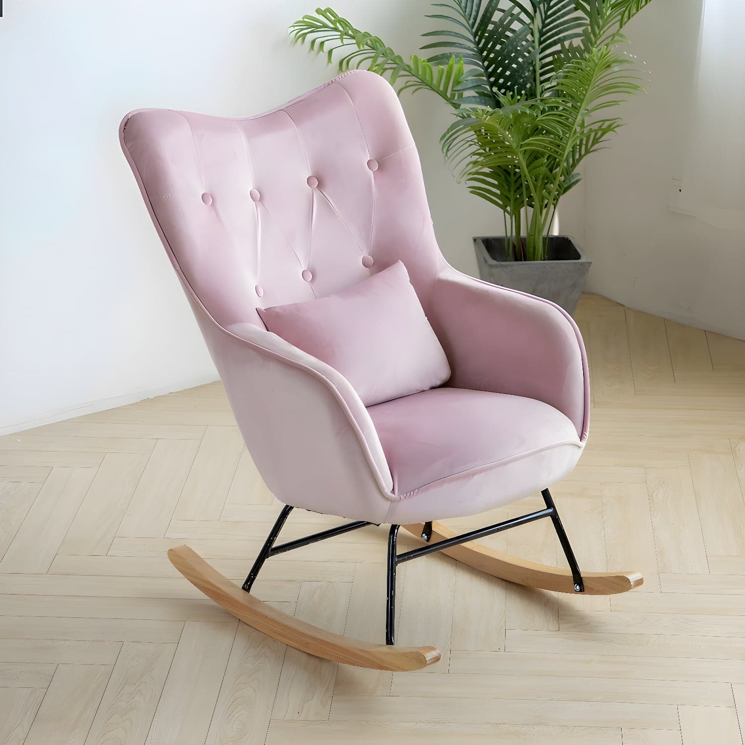 Stylish Modern Upholstered Rocking Chair with Natural Wood Legs and Tufted Back Cushion thumbnail 8