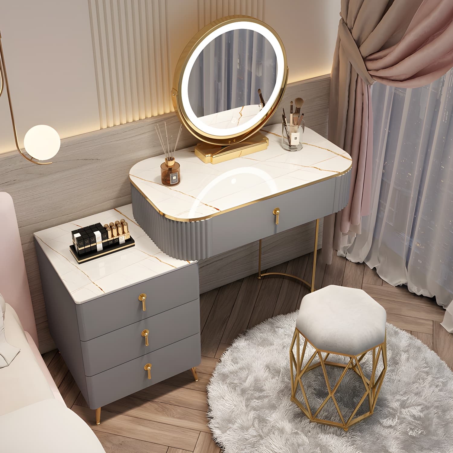 Contemporary Mirrored Wood Top Makeup Vanity Desk White/Gray Dressing Table thumbnail 6