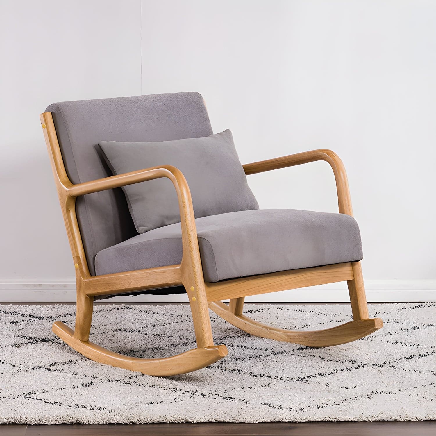 Modern Upholstered Rocking Chair with Natural Wood Legs and Recessed Back Cushion thumbnail 7