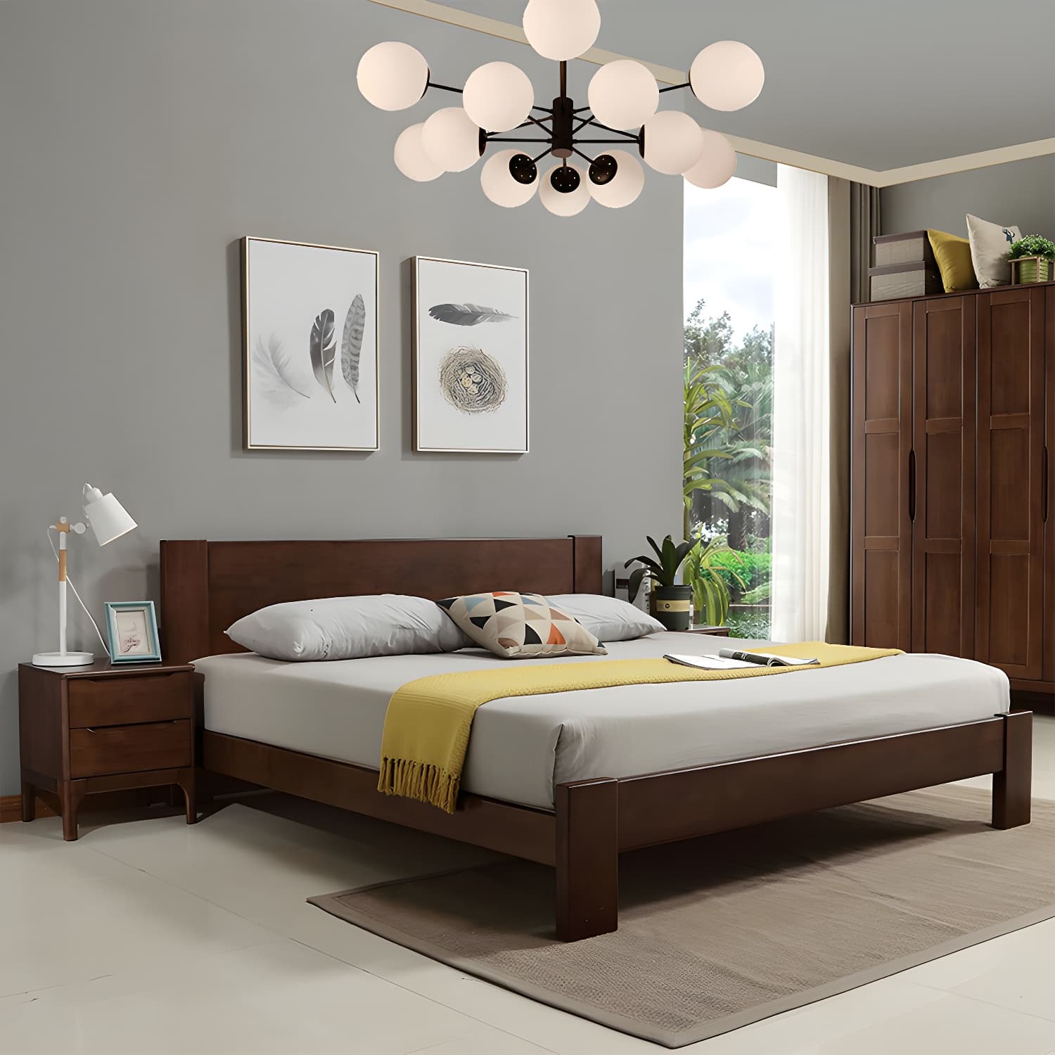 Modern Solid Color Panel Bed Rubberwood Standard Bed with Headboard thumbnail 1