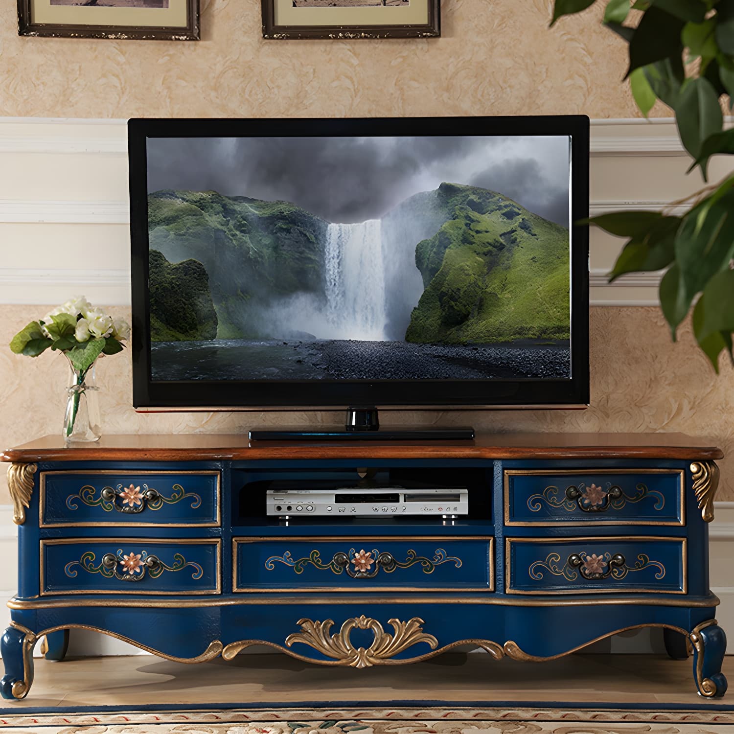 Vintage Birch Wood Media Console Matte Finish TV Media Stand with Drawers and Open Storage thumbnail 1